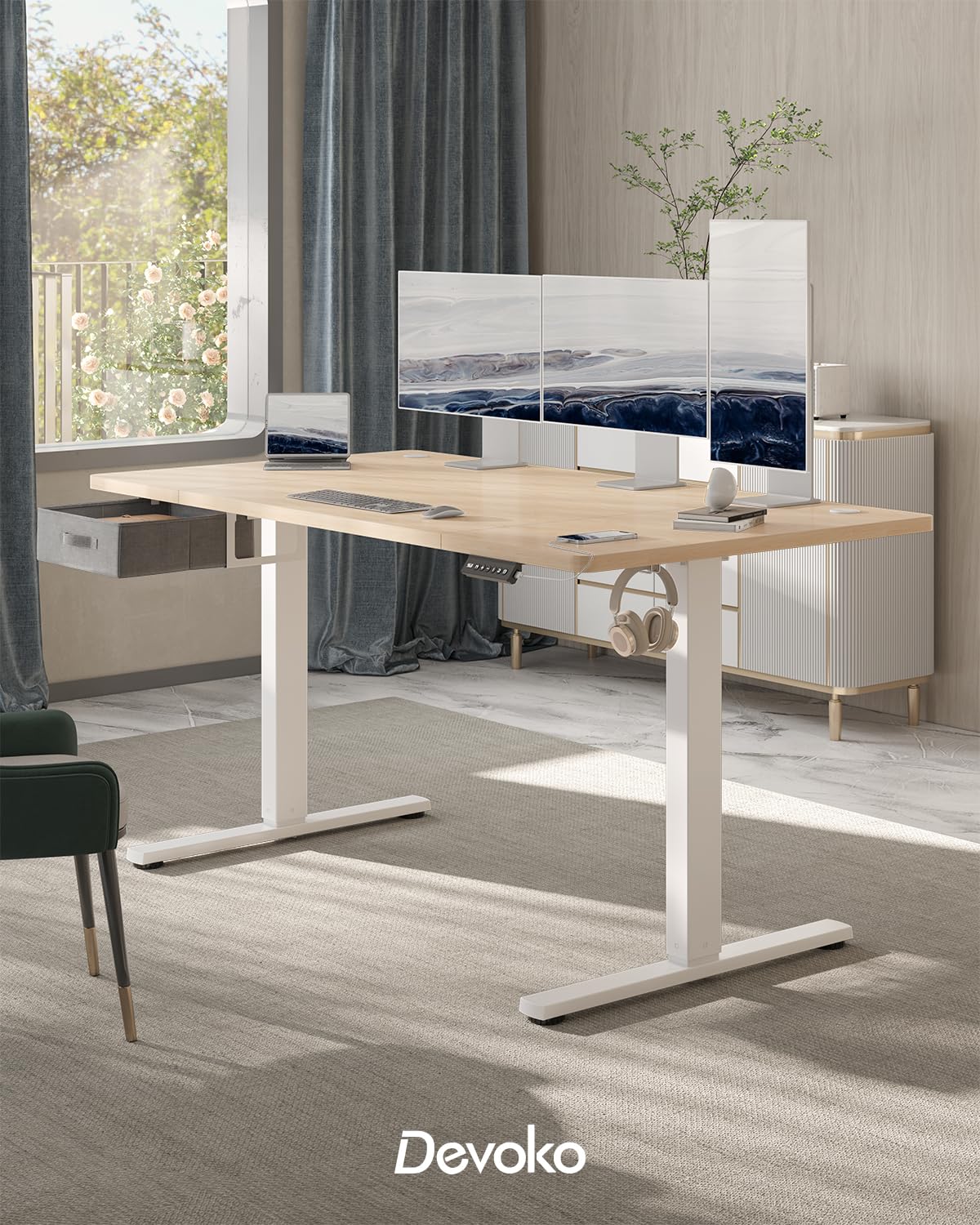 Devoko Scrivania Elettrica Regolabile In Altezza 180 x 80 cm, Ufficio 4 Sezioni Con Funzione Di Memoria, Cassetti, Porte Usb E Sistema Di Gestione Cavi, Beige