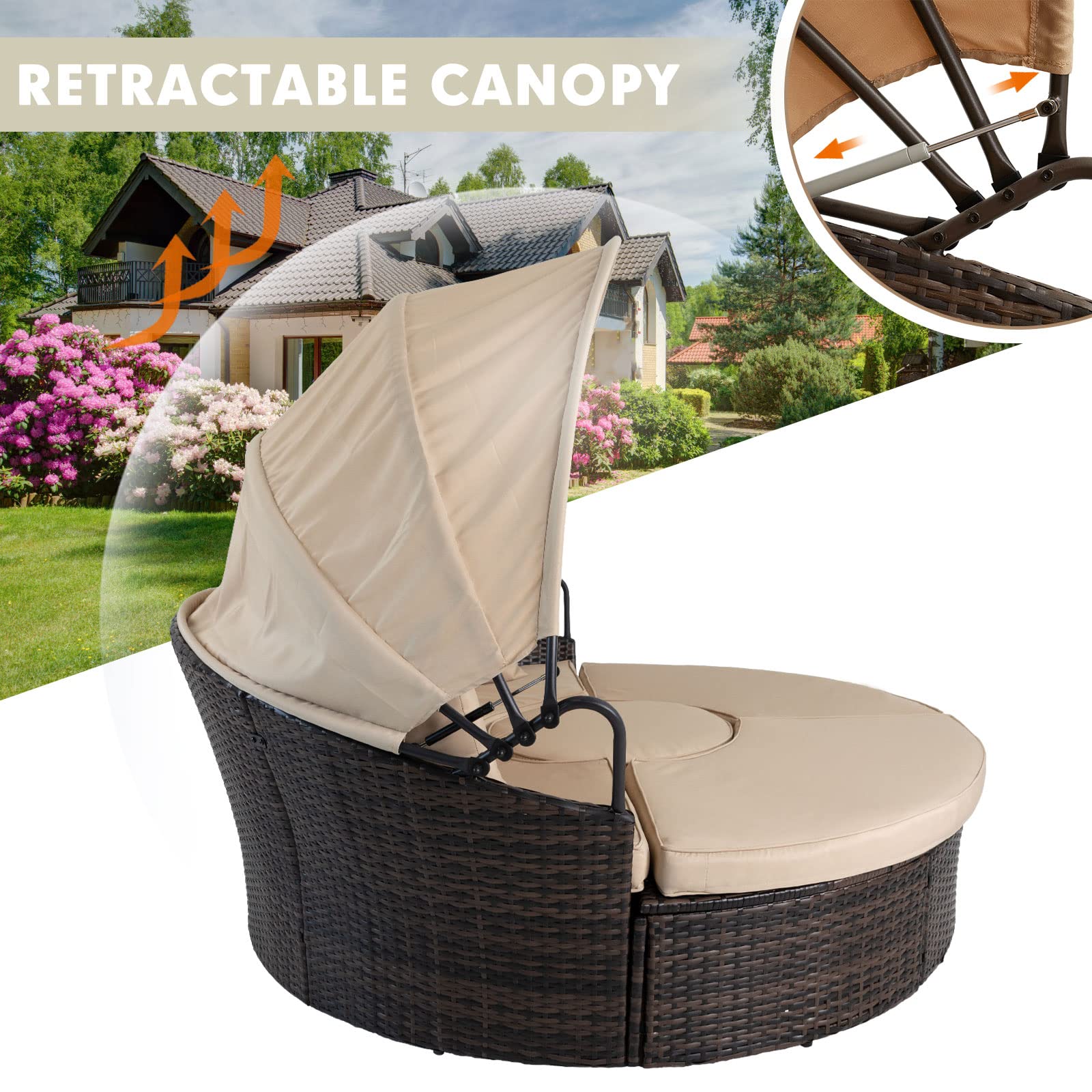 CrownLand Outdoor Patio Canopy Bed Round Daybed with Washable Cushions
