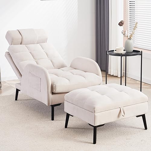 YUUIJOAA Accent Chair with Ottoman - Recliner Chairs with Storage and Adjustable Backrest Comfy Velvet Reading Chair for Living Room Bedroom Beige