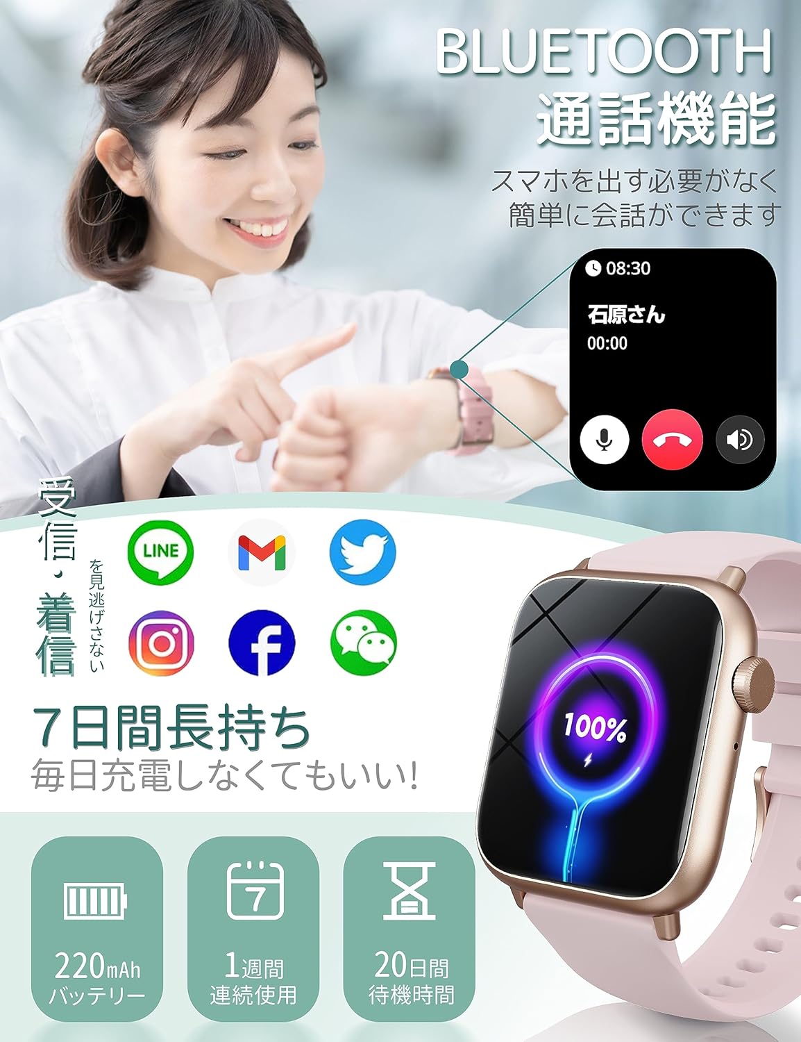 スマートウォッチ レディース【2024新登場 1.85インチ大画面】通話機能付き LINE 着信通知 Smart Watch iPhone アンドロイド対応 活動量計 歩数計 睡眠トラッカ カロリー記録 女性生理周期管理 ダイエット 腕時計 100多種類な運動モード スポーツウォッチ 200種文字盤 日本語対応 超軽量 ピンク 彼女/母/姉妹/妻にプレゼント
