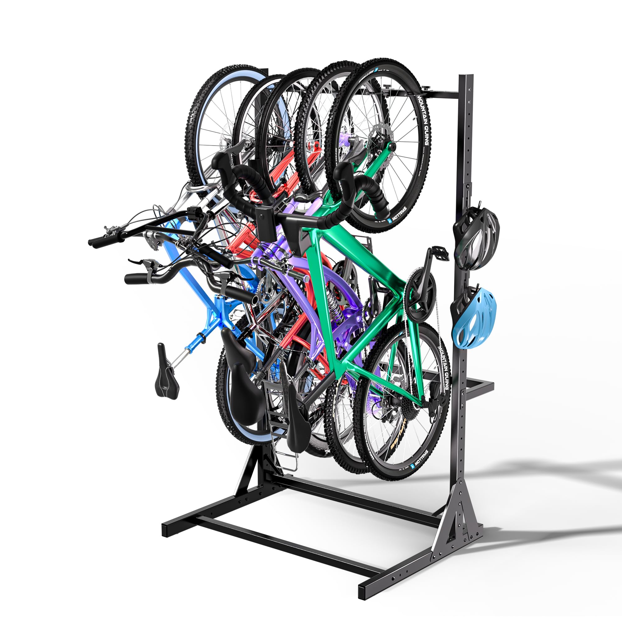 JWX Freestanding 5 Bike Rack, Heavy Duty Floor Bike Stand with Triangle Support Panels, Adjustable Rubber-Coated Hooks, Gear Accessory Holders, Easy Assembly