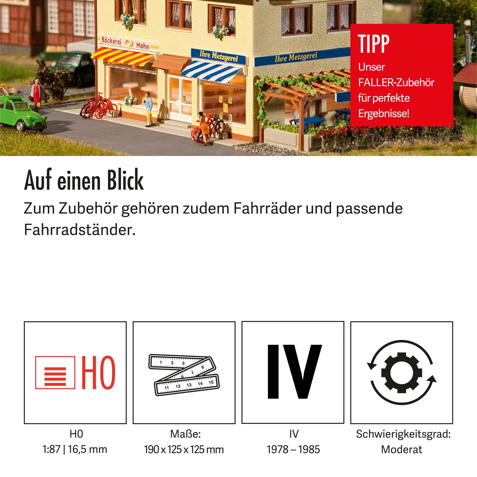 FALLER Metzgerei/Bäckerei Modellbausatz mit 569 Einzelteilen 190x125x125mm I Modelleisenbahn Zubehör H0 mit Fahrrädern I Modelleisenbahn H0 Metzgerei, Creme und Braun
