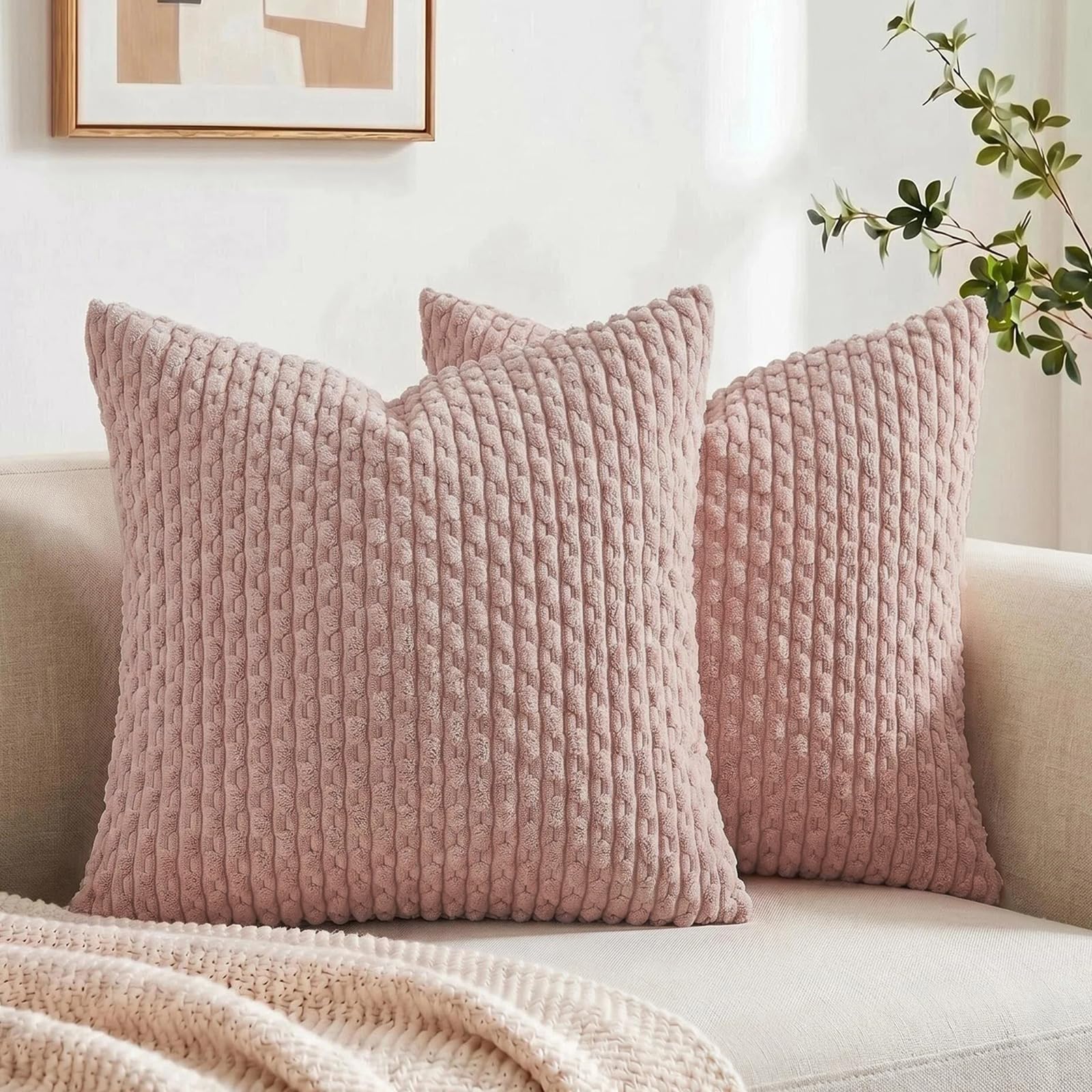 Fancy Homi Paquete de 2 fundas de almohada decorativas rosas de 26 x 26 pulgadas para sofá cama, sofá, decoración moderna de casa de campo, decoración bohemia para el hogar, funda de cojín de pana de