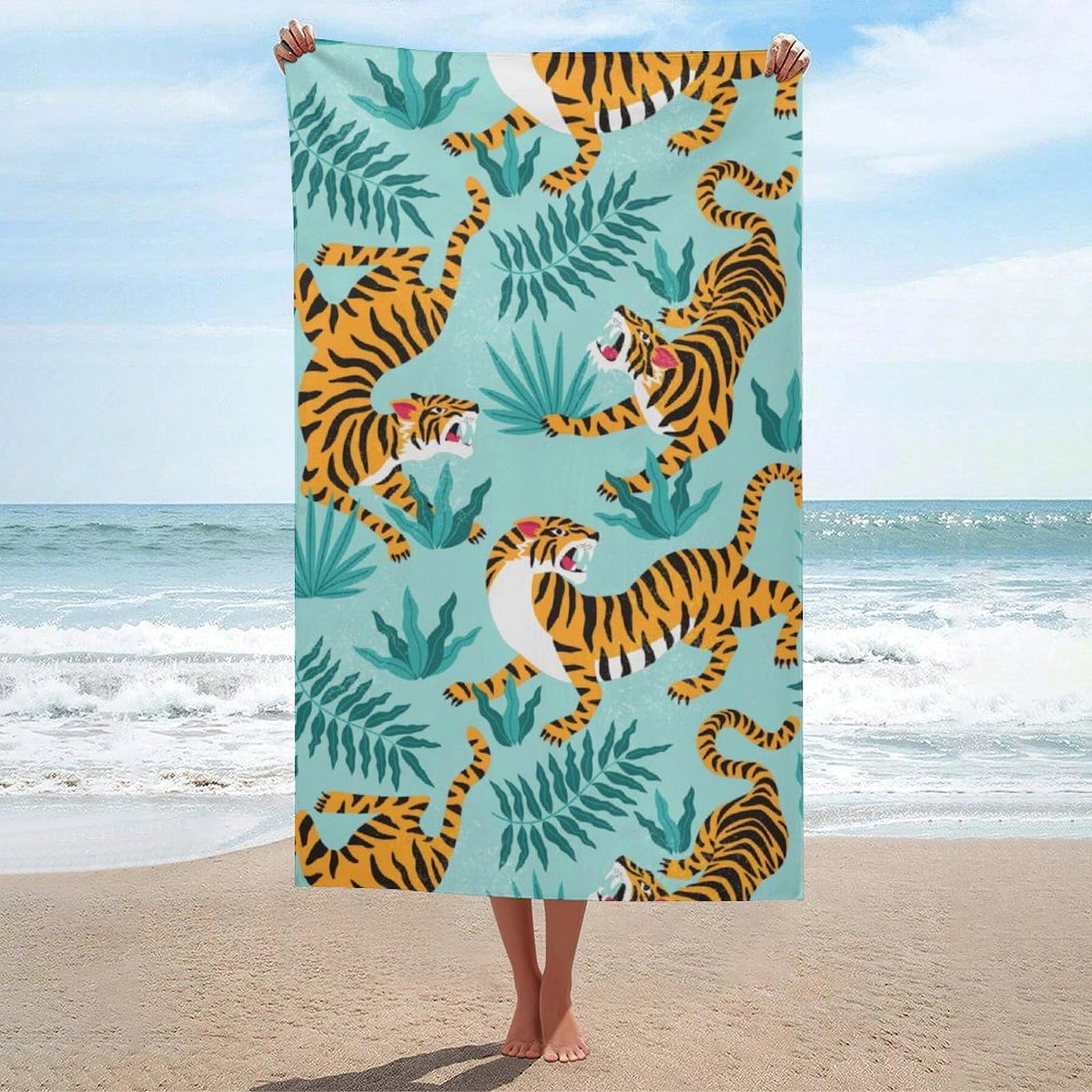 LEDFCVSU Beach Towel, Tiger Pattern Bath Towel, Absorbent Towel for Swimming, Sports, Travel