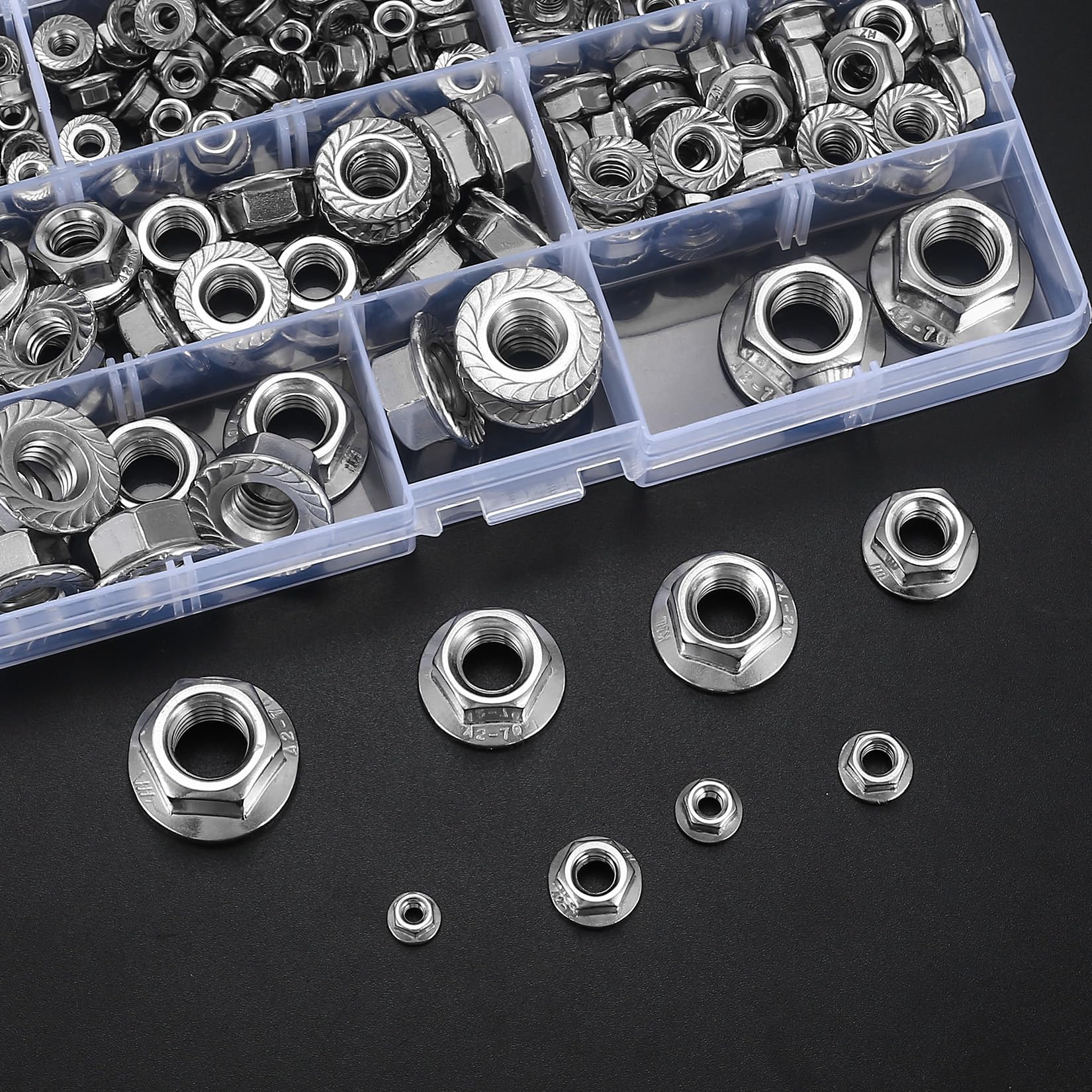 190 Pz Kit Dado Flangiato Esagonale, Dadi Flangiati Esagonali in Acciaio Inox, Dadi Autobloccanti a Flangia Metrica Seghettati - M3/M4/M5/M6/M8/M10/M12