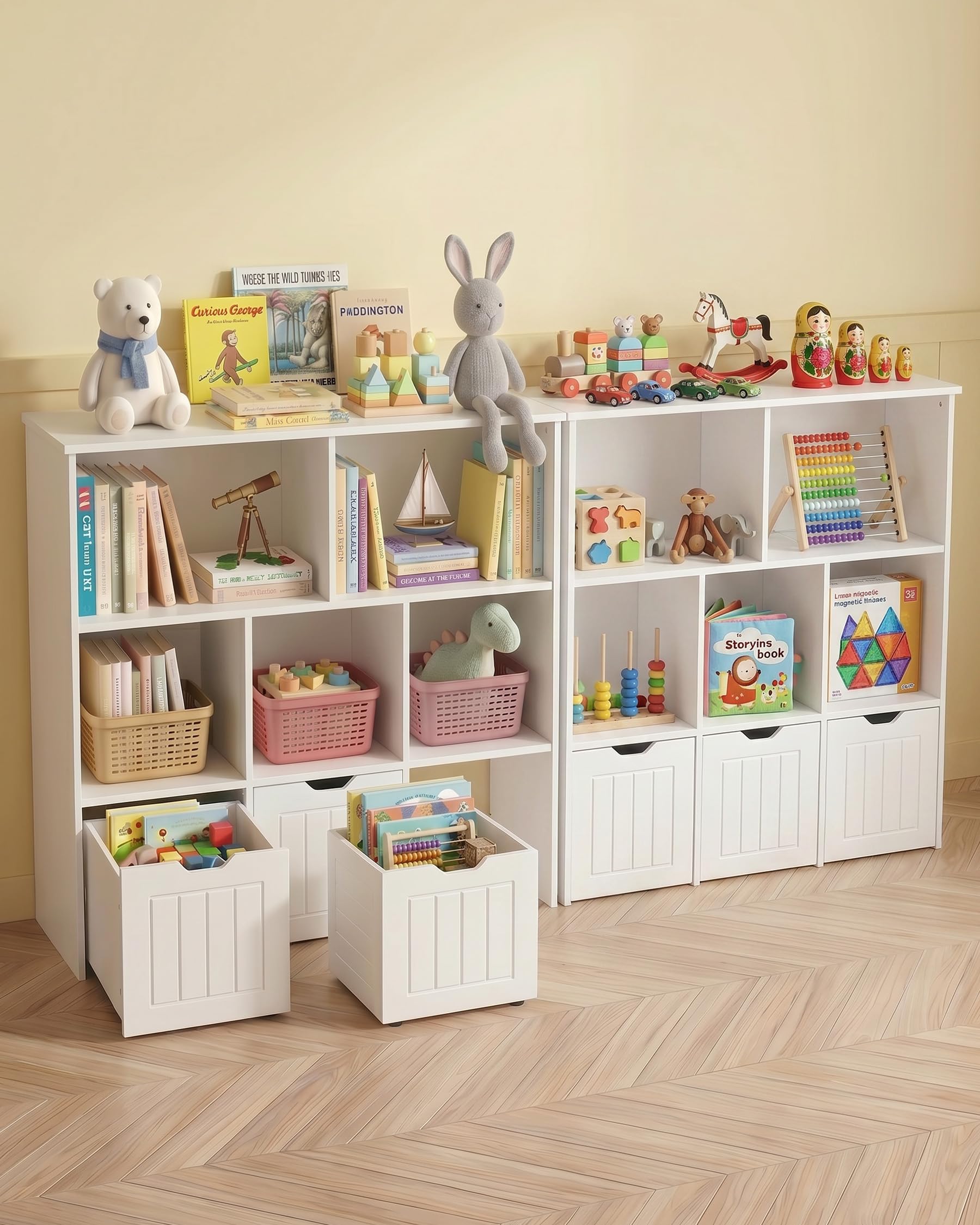 Organizador de Juguetes con Cajones, Estanteria Infantil Montessori, Mueble Almacenaje para Habitación Infantil, Librería con 5 Estantes, Estante para Niños, Blanco 100x33x89.5cm