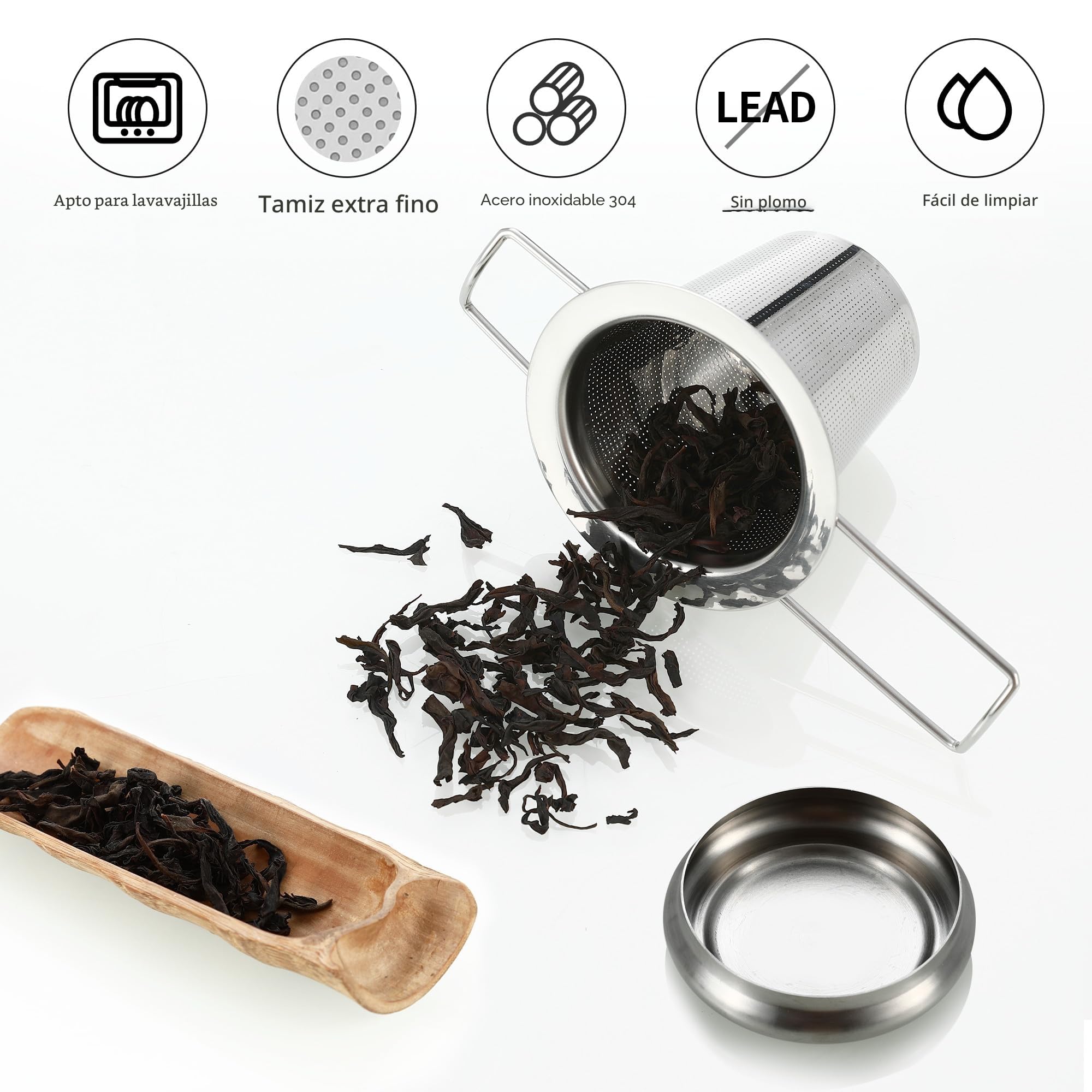 Infusor de Té Acero Inoxidable 304, Filtro para Té con Tapa y Mango Plegable, 2 Piezas Reutilizable