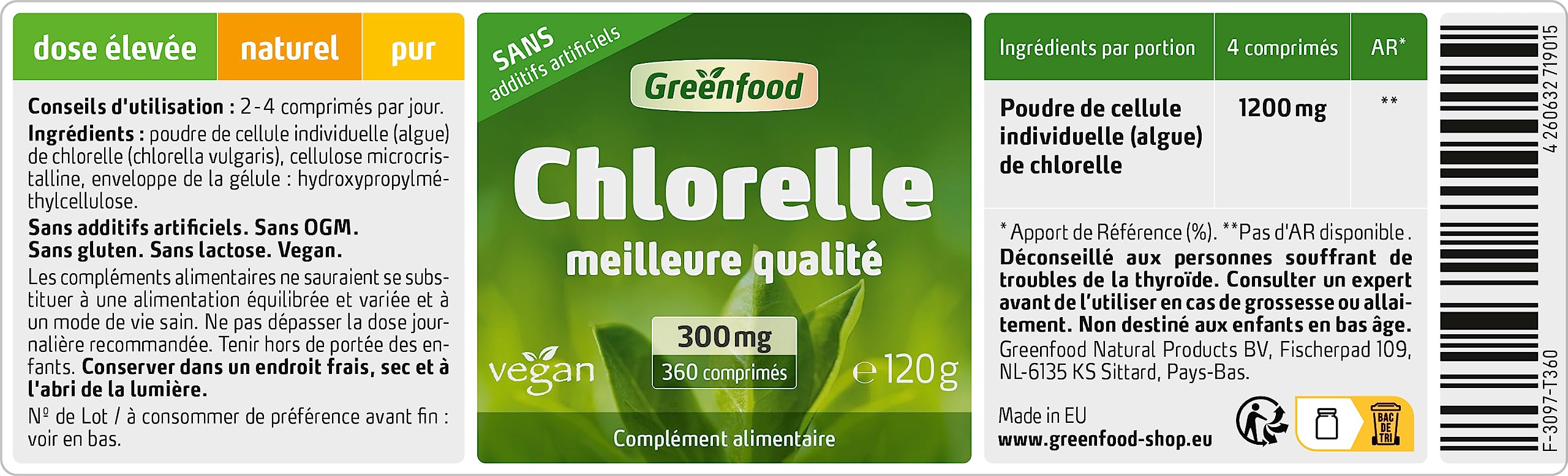 Greenfood Chlorella, 300 mg, meilleure qualité, 360 comprimés - Sans additifs artificiels, vegan.