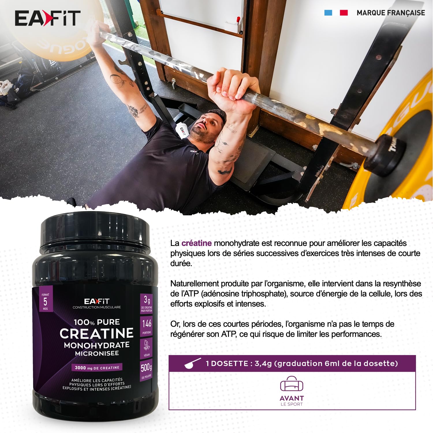 Creatine Monohydrate Eafit Pure - Musculation Prise De Masse - Poudre 500g | Booster Puissant Pre Workout, Augmente Performances Et Prise De Masse Musculation Homme - Poudre Micronisée, Cure De 5 Mois