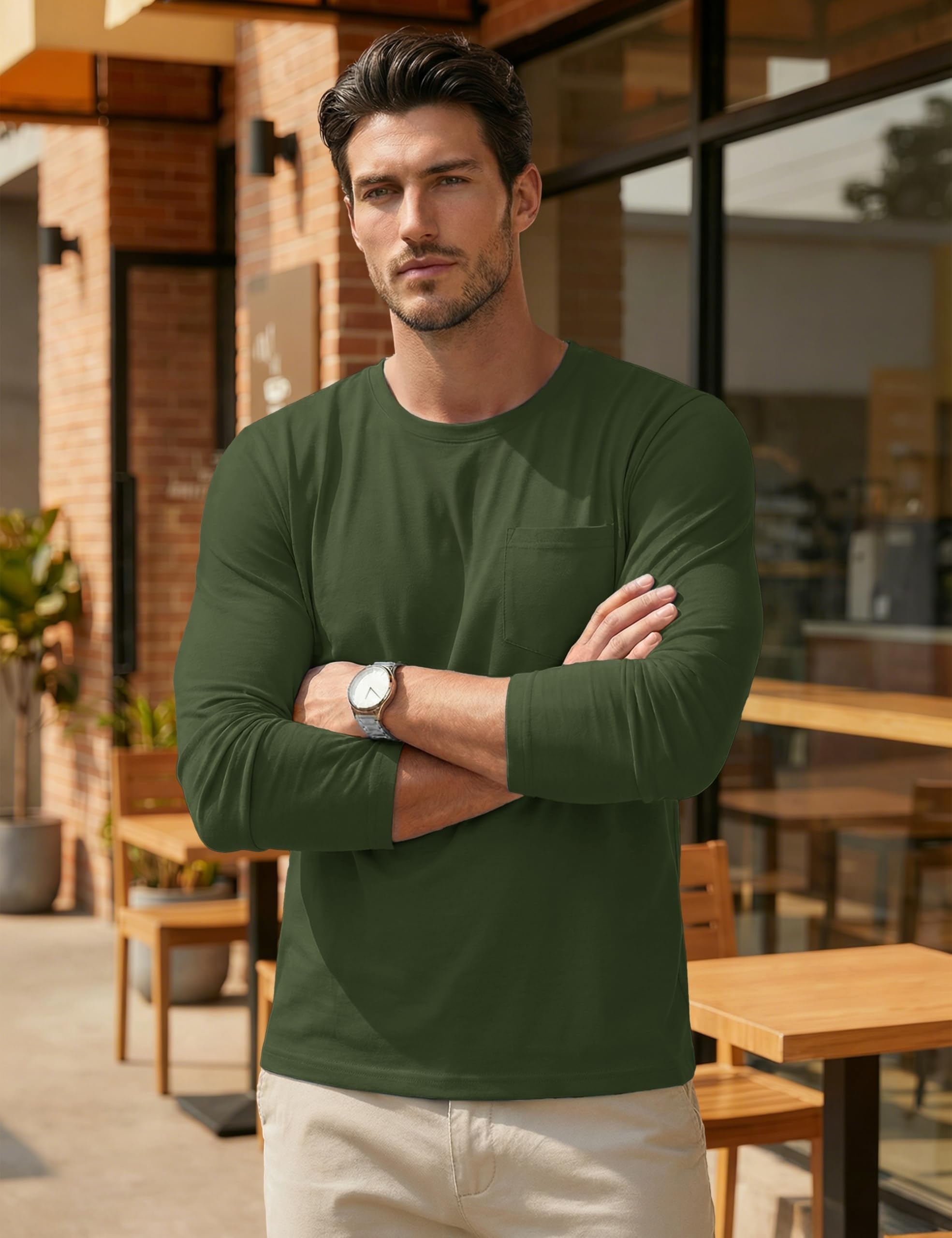 MAGCOMSEN Camiseta de Manga Larga Informal de algodón con Bolsillo para Hombre a la Moda