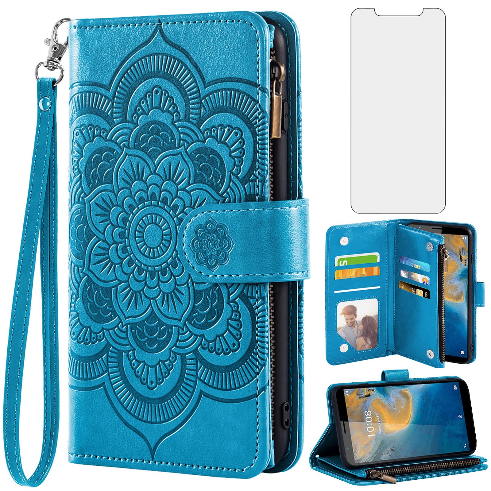 Asuwish Phone Case for ZTE Blade A31/Avid 589 Z5158 Wallet Cover with Tempered Glass Screen Protector and Flower Leather Flip Credit Card Holder Stand Purse Wrist Strap Cell Accessories Women Men Blue