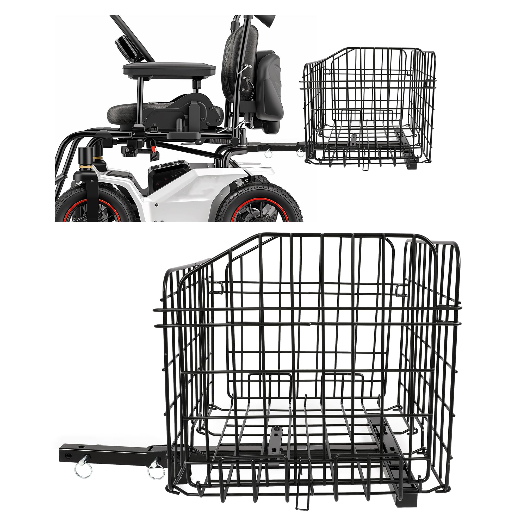 ECOTRIC Cesta plegable trasera compatible con la mayoría de scooters Pride Mobility impermeable, hecha de acero y funciona con receptor de 1 pulgada, cesta de carga, color negro