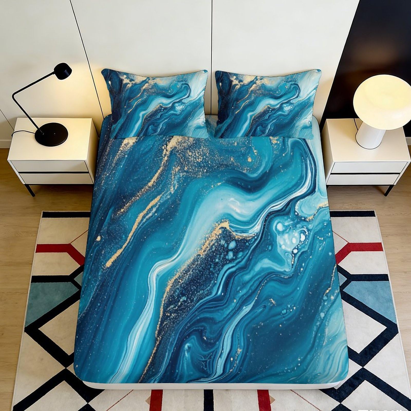 3D Printed Ocean Marble Fitted Sheet Microfiber Soft Blue Gold Waves Bed Cover for Bedroom Guestroom Decor 90x200x25cm