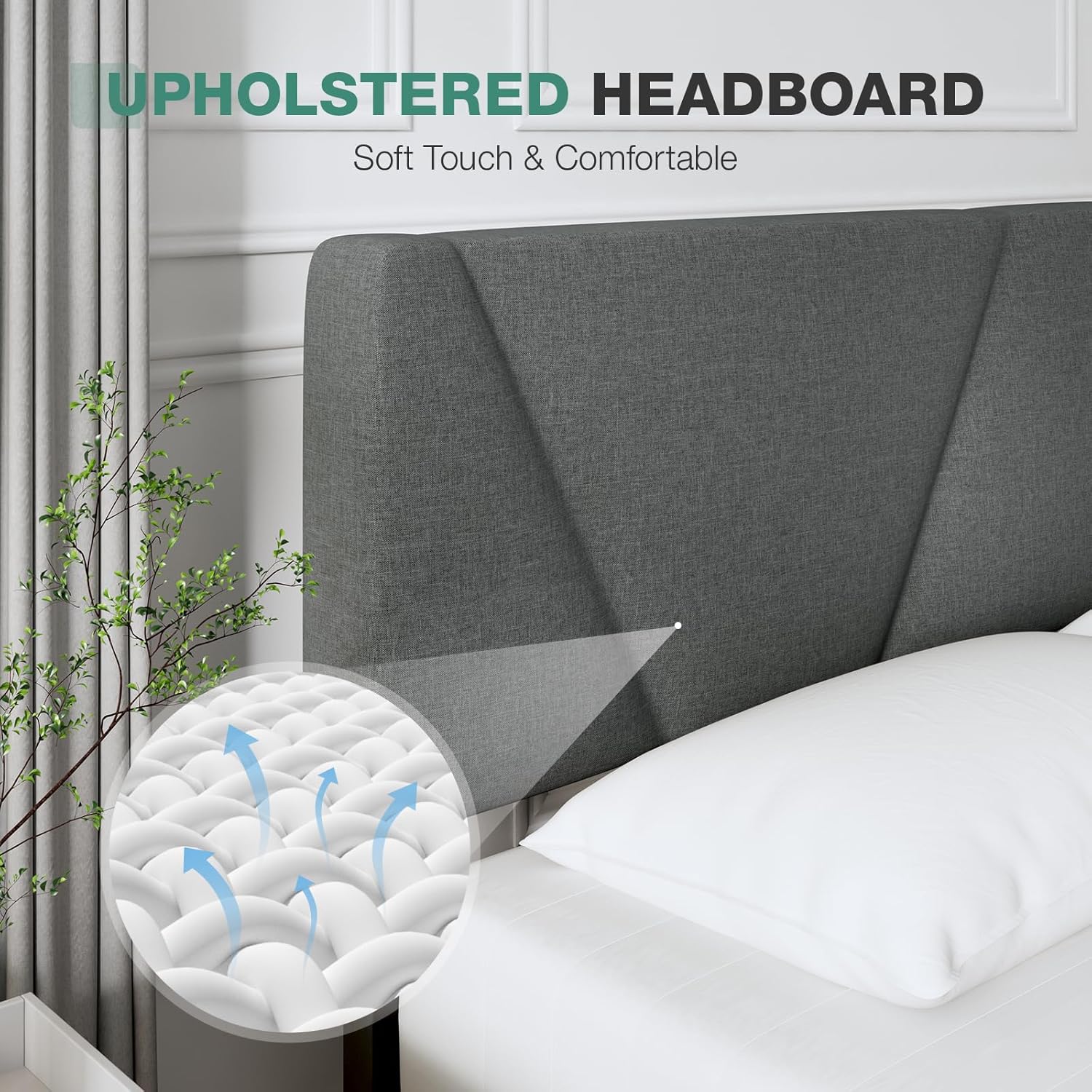 Novilla Queen Bed Frame with Headboard, Bed Frame Queen Size with Upholstered Headboard Platform Bed, No Box Spring Needed, Easy Assembly, Dark Grey - Image 6