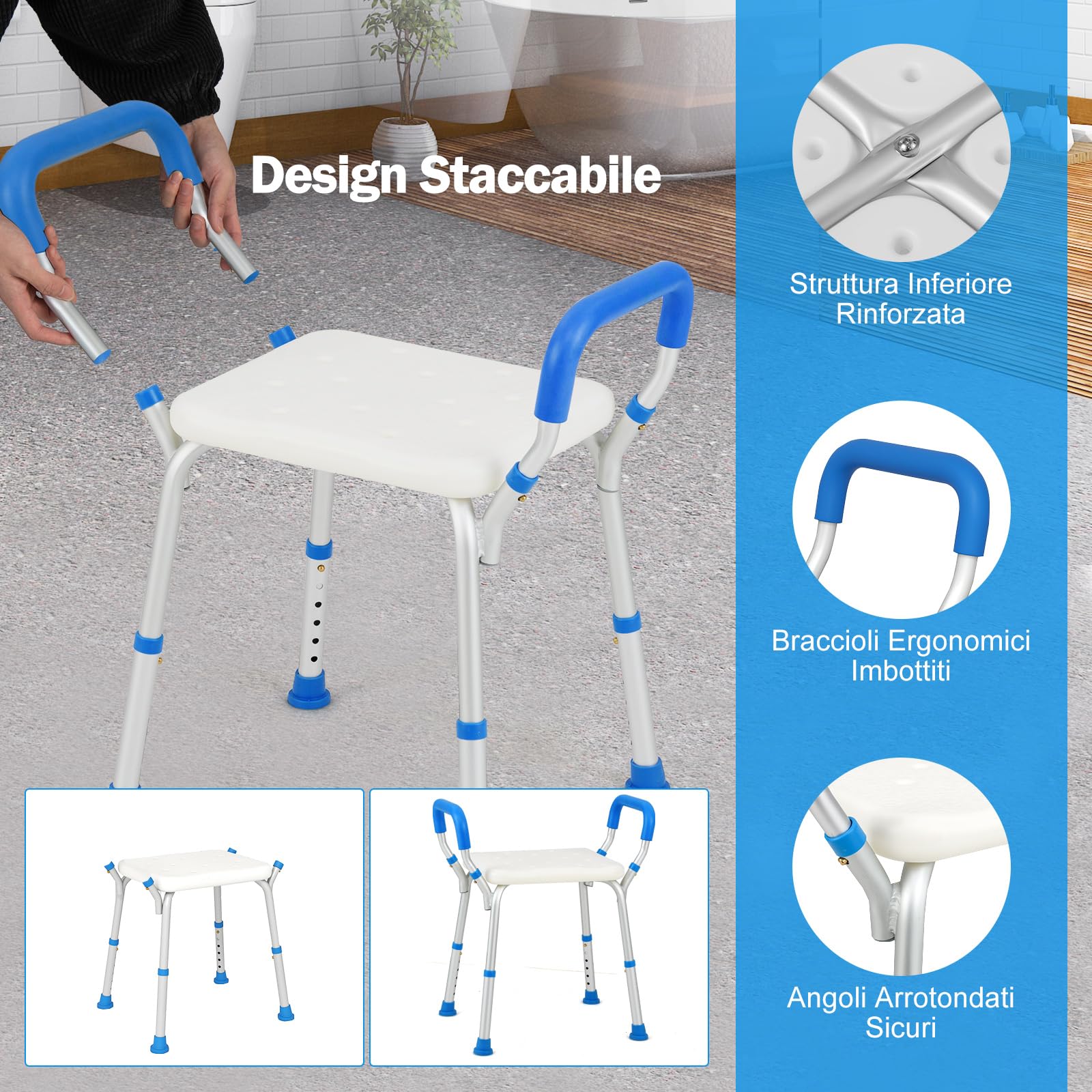 COSTWAY Sgabello Doccia, Sedia per Doccia Regolabile in 6 Altezze con Braccioli Imbottiti Staccabili e Piedini in Gomma Antiscivola, Portata 100 kg, Seggiolino da Bagno per Anziani (Blu)