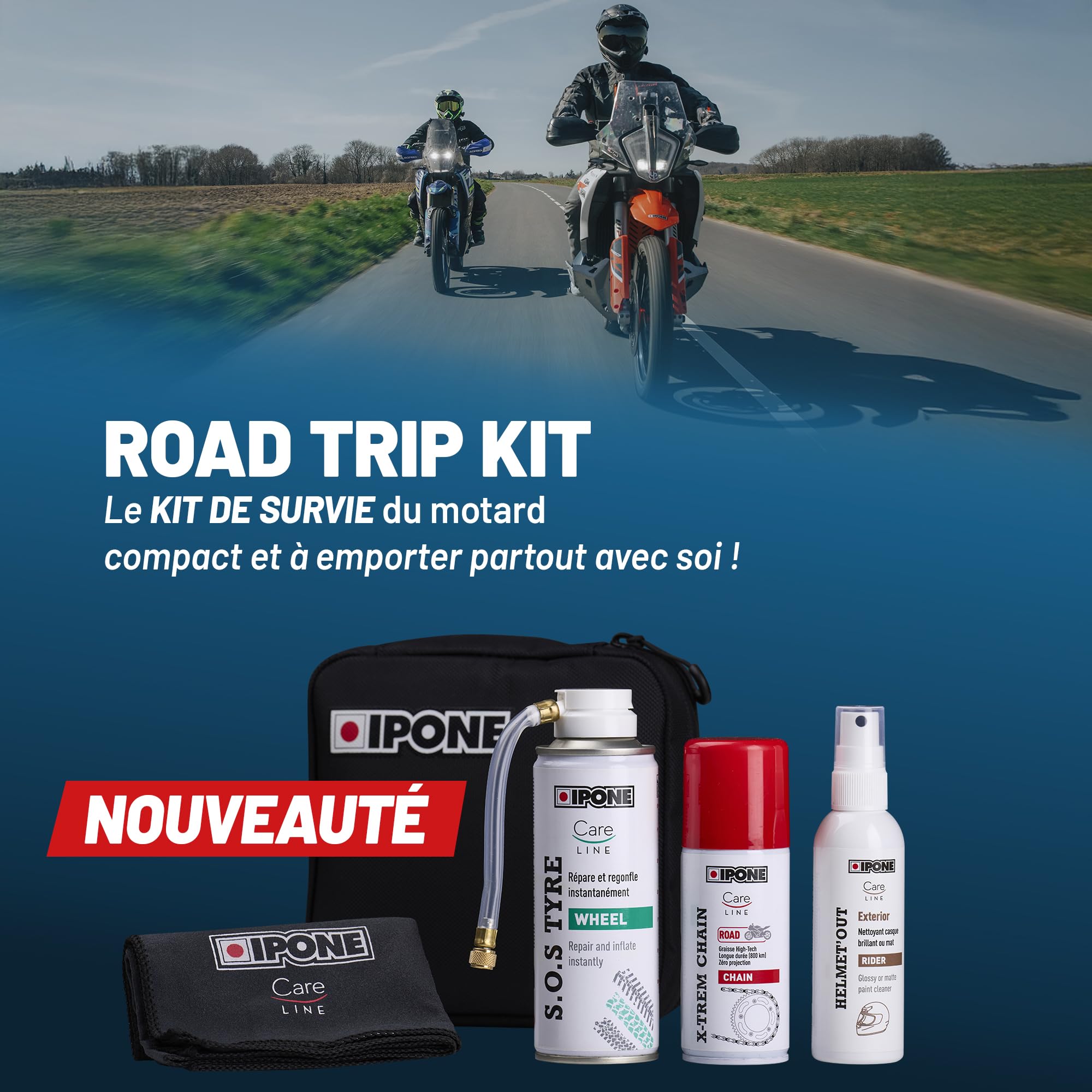 IPONE – Kit Crevaison & Entretien Moto : Bombe Anti-Crevaison, Graisse Chaîne 800 km, Nettoyant Casque + Lingette – Pochette Étanche Compacte Voyage Moto