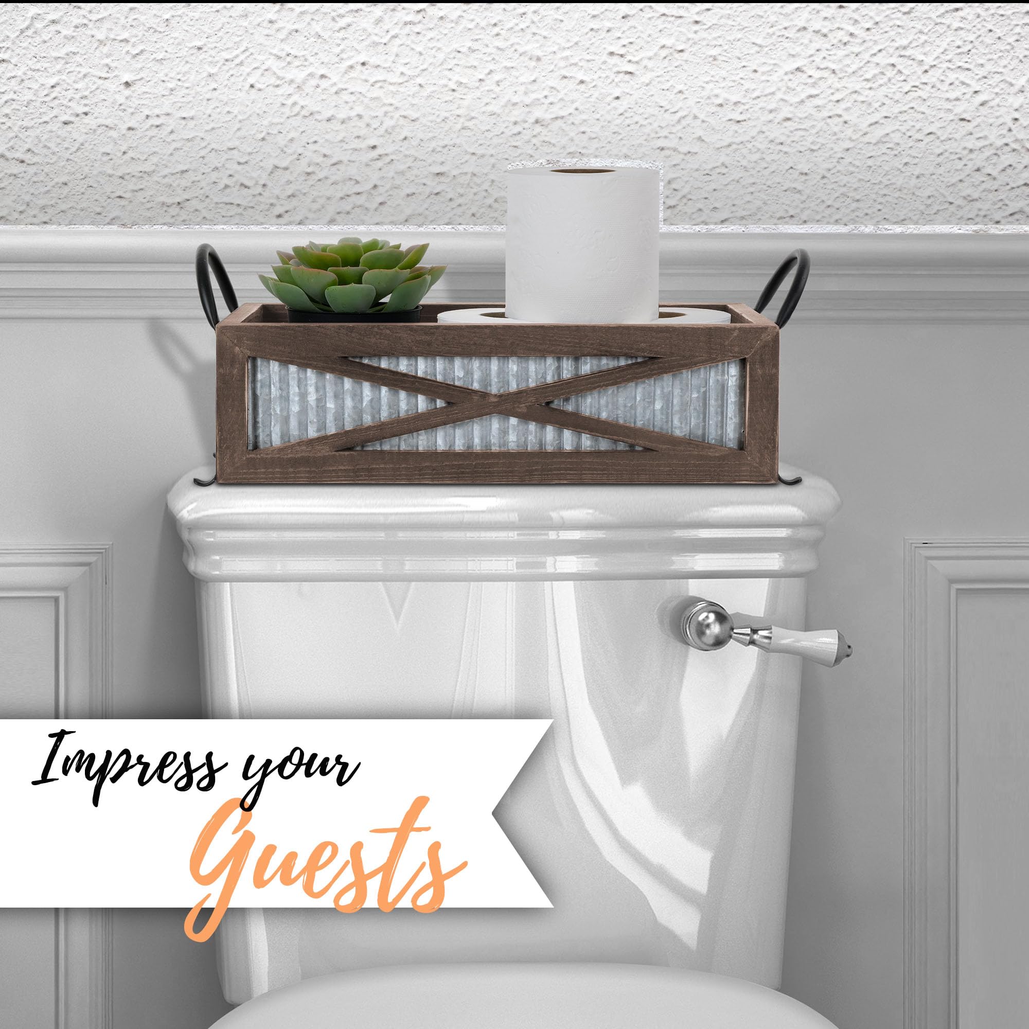 Autumn Alley Wiejski kosz na papier toaletowy na tył toalety – uchwyt na papier toaletowy w gospodarstwie rolnym, organizer i kosz na papier toaletowy, uchwyt na kosz na zbiornik, rustykalny wystrój