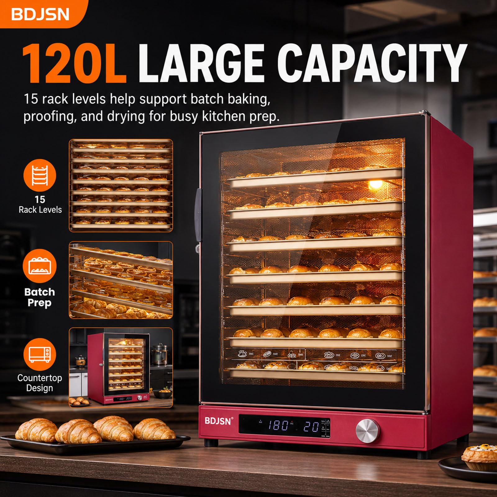 Four À Convection Professionnel 120 L, 15 Niveaux Pour Cuisson, Fermentation Et Séchage, Circulation D’air Chaud À Double Ventilateur, 25–260 °c, Minuterie 999 Min, 3200 W, Pour Pain, Gâteaux