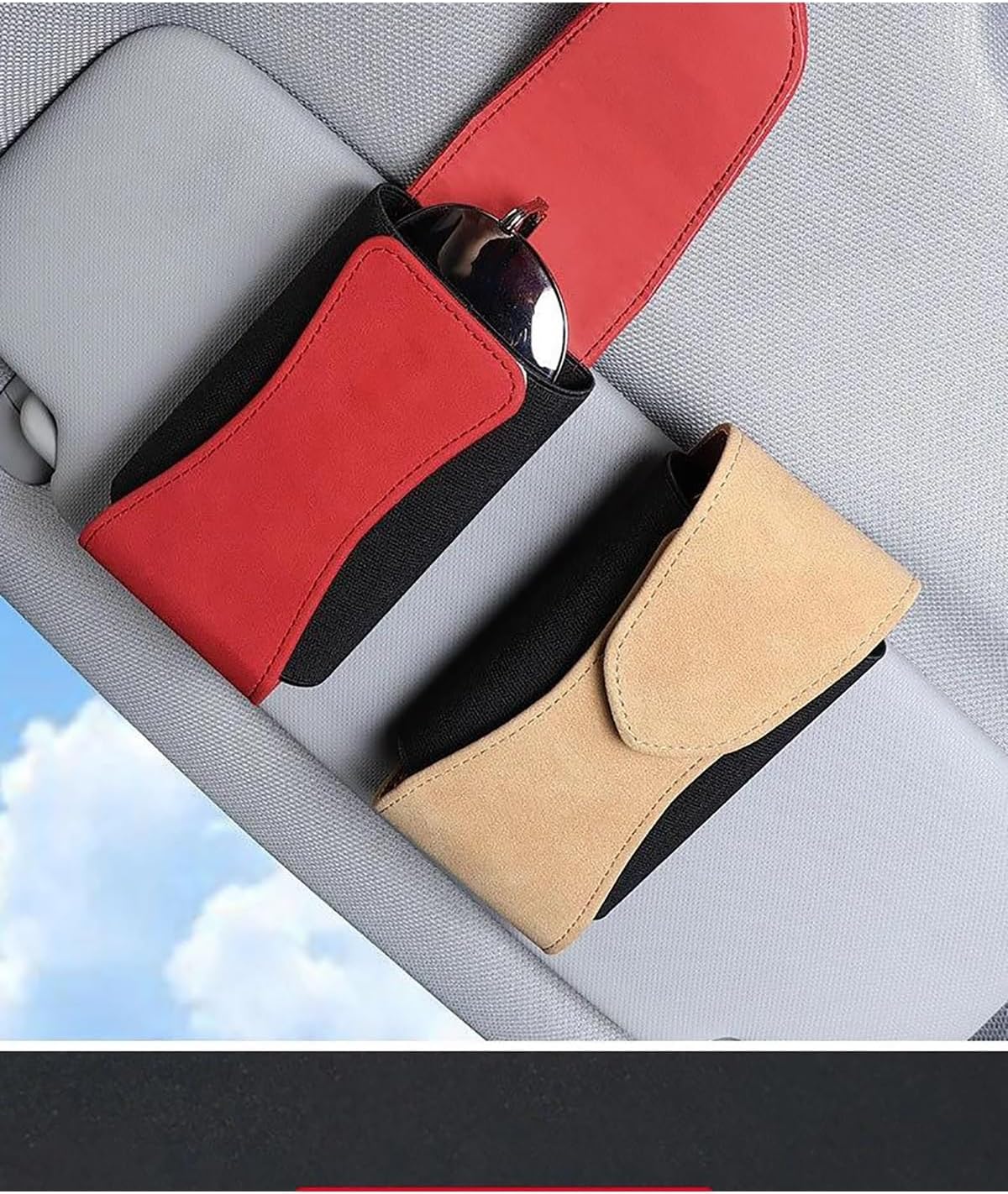 Sunglass Holder Leather Car Glasses Case Auto Sun Visor Glasses Sunglasses Clip Card Ticket Holder Universal Multi-Function Car Accessories Car Sunglasses Holder(Red)
