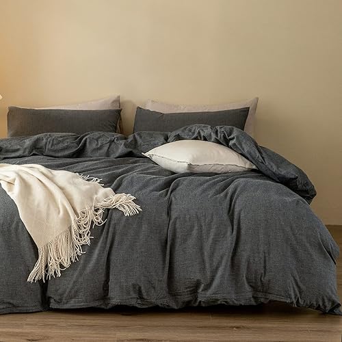 Juego de funda de edredón con textura de lino 100% tela de algodón, duradera, transpirable, natural, tacto elegante (gris oscuro, Queen)