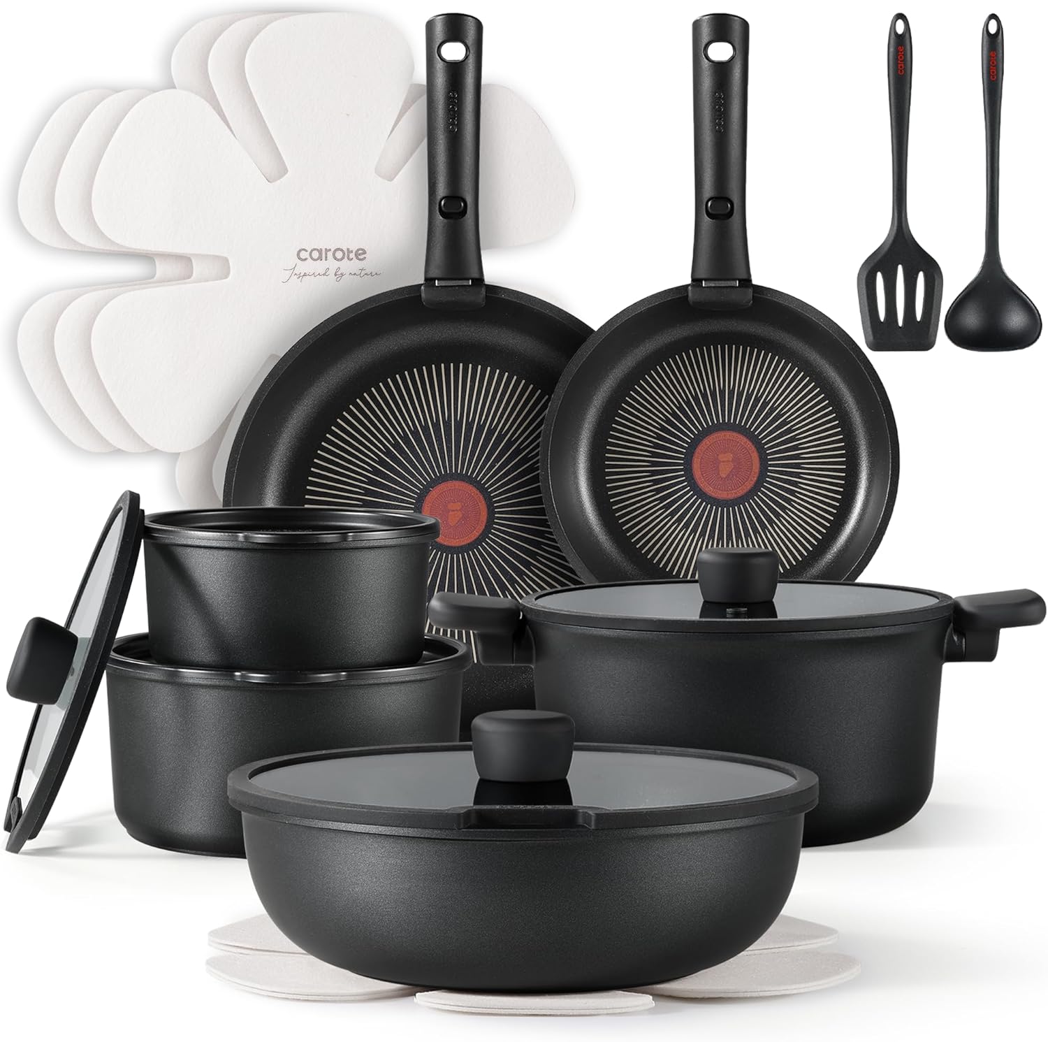 CAROTE 20pcs Non Stick Pots and Pans Set with Temperature Spot, Detachable Handle Nonstick Cookware Set Black, Dishwasher/Oven Safe,RV Camping Cooking Set, Kitchen Pot and Pan Set Thumbnail