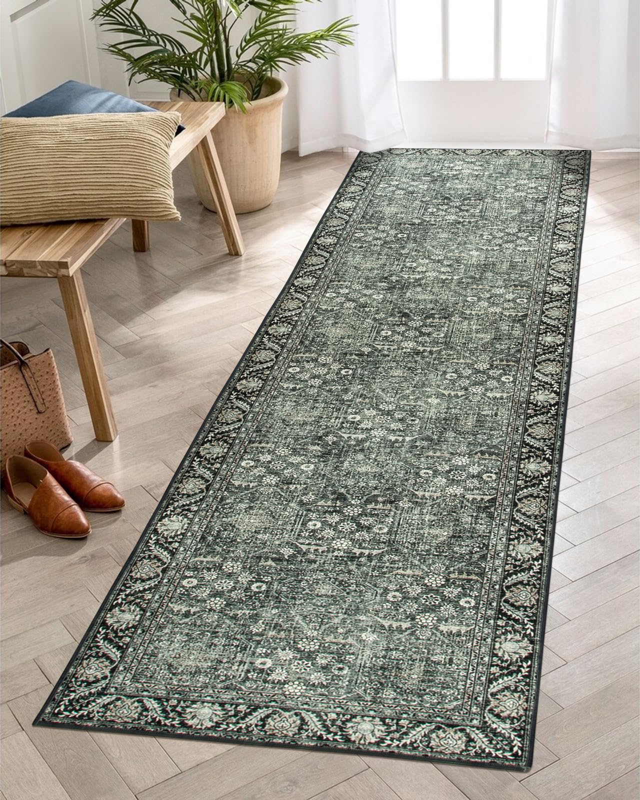 Lahome Vintage Hallway Runner Rug, 2x8 Runner Rugs with Rubber Backing, Non Slip Washable Kitchen Rug Runners Ultra-Thin Carpet Runner for Bedroom Entryway Bathroom Laundry(2x8ft,Green/Grey)