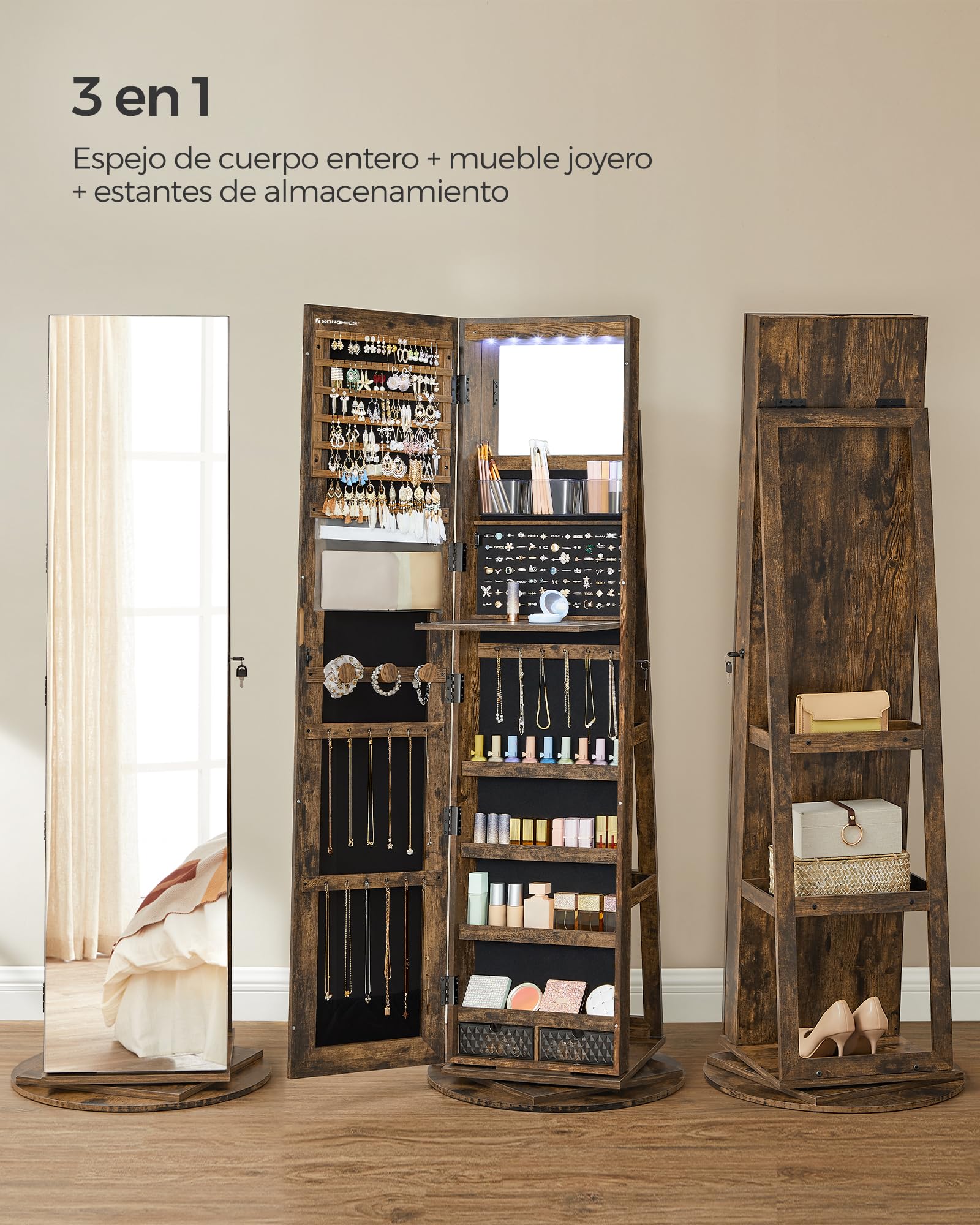 SONGMICS Espejo Joyero con 6 LEDs, Armario de Joyas de Giro de 360°, Organizador de Joyas Giratorio, sin Marco, Espejo Completo con Almacenaje, Superficie Marrón Rústico, Forro Negro JJC007X01