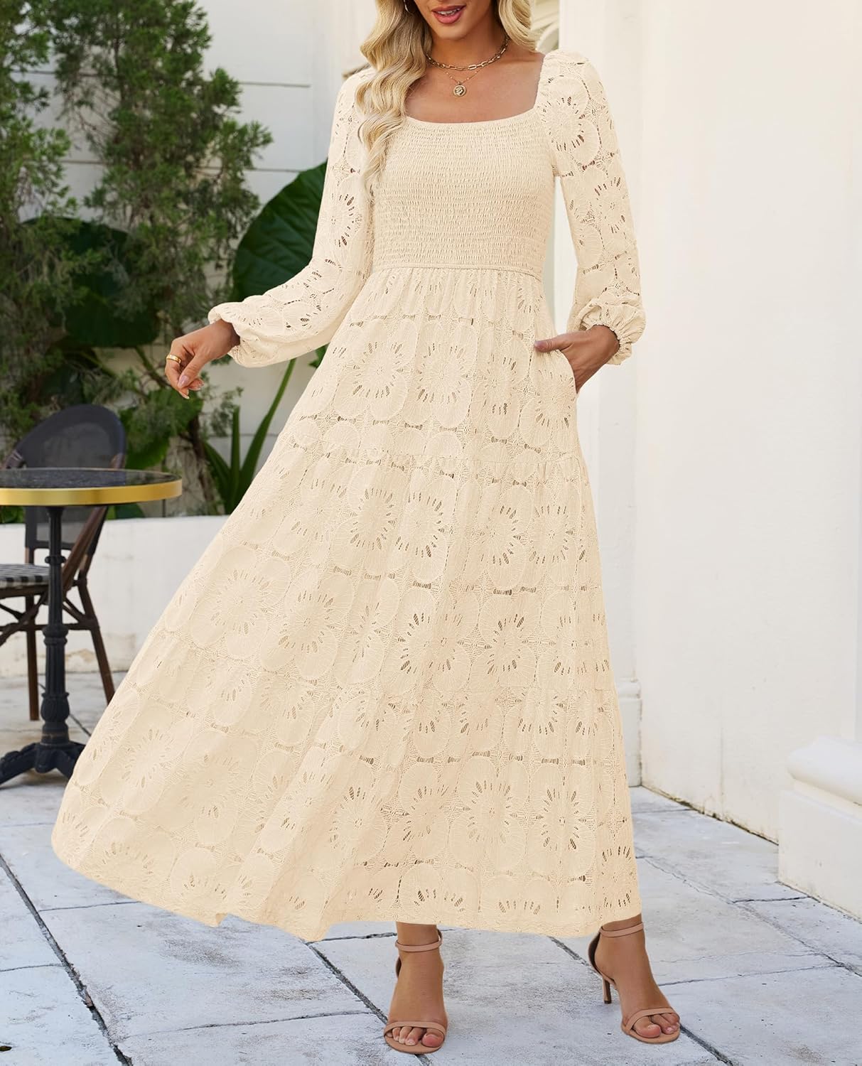 Women's Fall Long Puff Sleeve Maxi Dress Smocked Square Neck Lace Hollow Out Eyelet A Line Boho Flowy Wedding Guest Dresses - Image 5