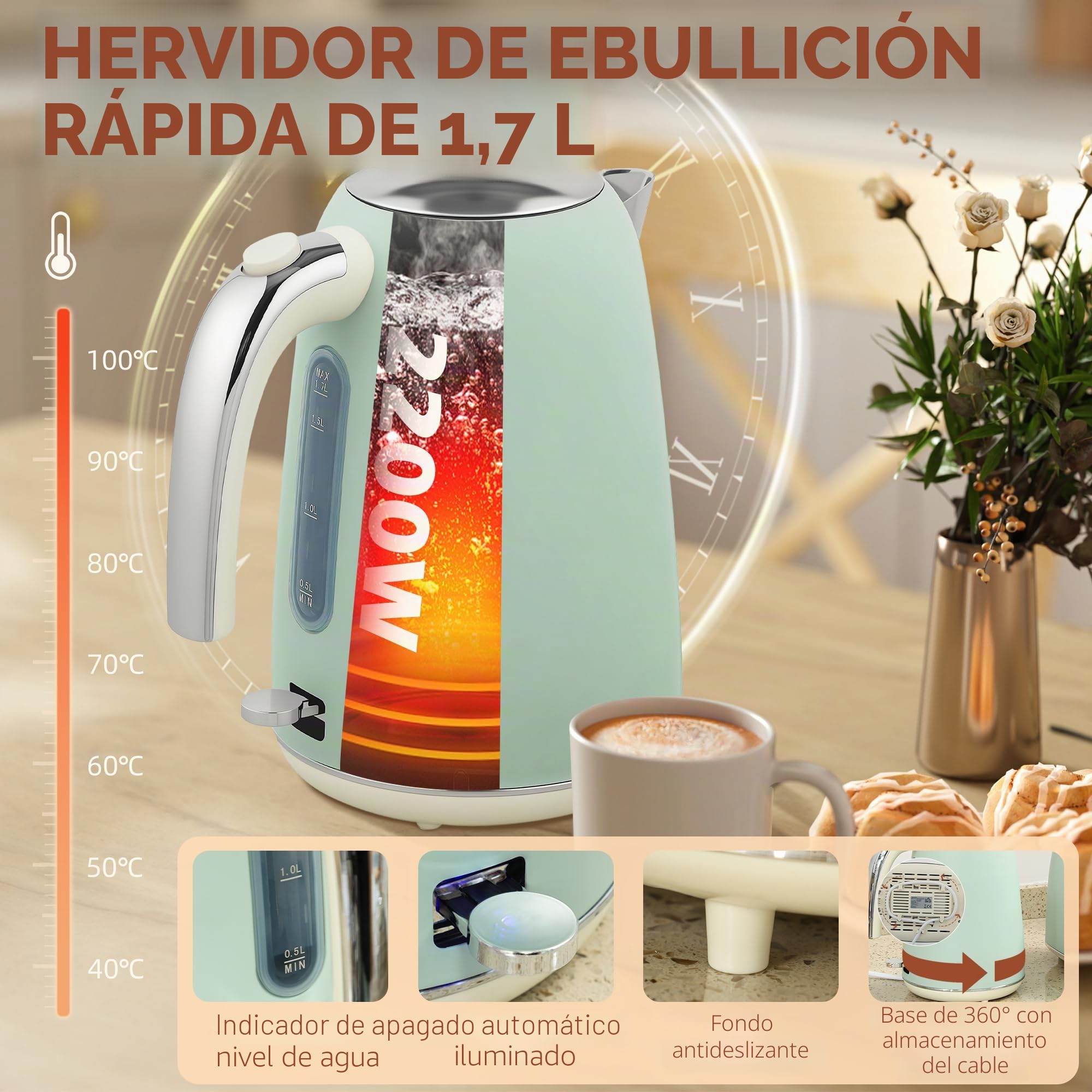 HOMCOM Set de Hervidor y Tostadora Acero Inoxidable 2200W 1.7L Verde | 2 Rebanadas, 7 Niveles de Tostado, Calentamiento Rápido, Termostato Strix, Filtro Anti-Cal, Bandeja de Migas