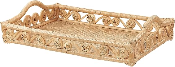 Plateau Décoratif en Rotin Ton Clair Rectangle 51 x 39 cm avec Poignées Cadre à Arabesques Calayan