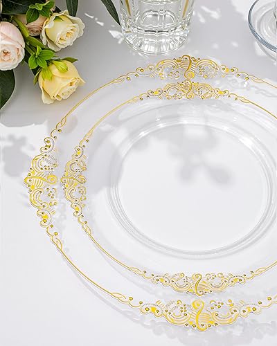 Miniatura 5 de Nervure 175 platos de plástico dorado transparente, platos desechables dorados, 100 platos de plástico transparente y dorado, platos desechables