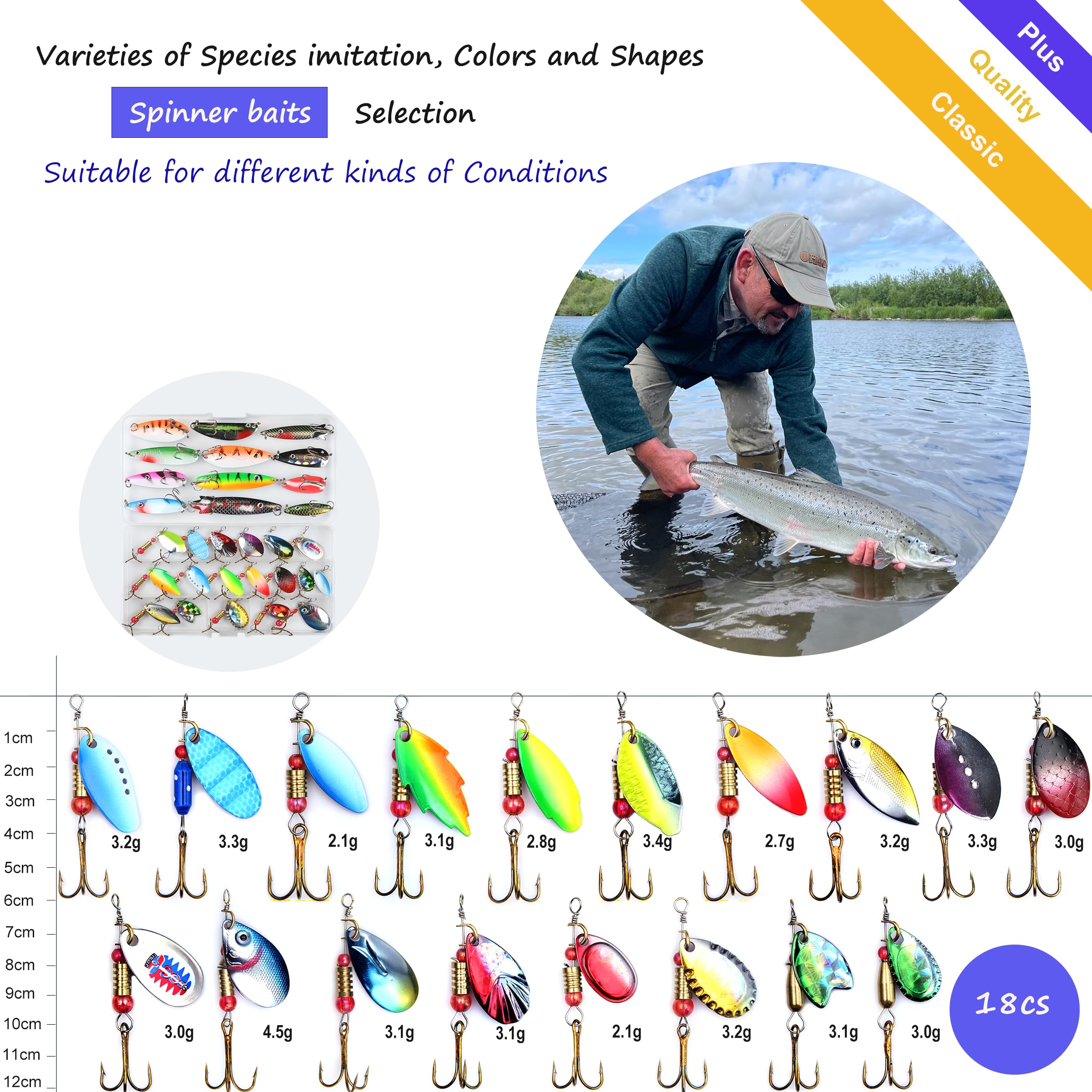EXAURAFELIS 10/30pcs Esca da pesca Spinnerbait con Piuma Treble Ganci Coda di Gallo Esche da Pesca Cucchiaio Esche per spigola, Salmone, Trota Spinnerbait Esche con Tackle Box