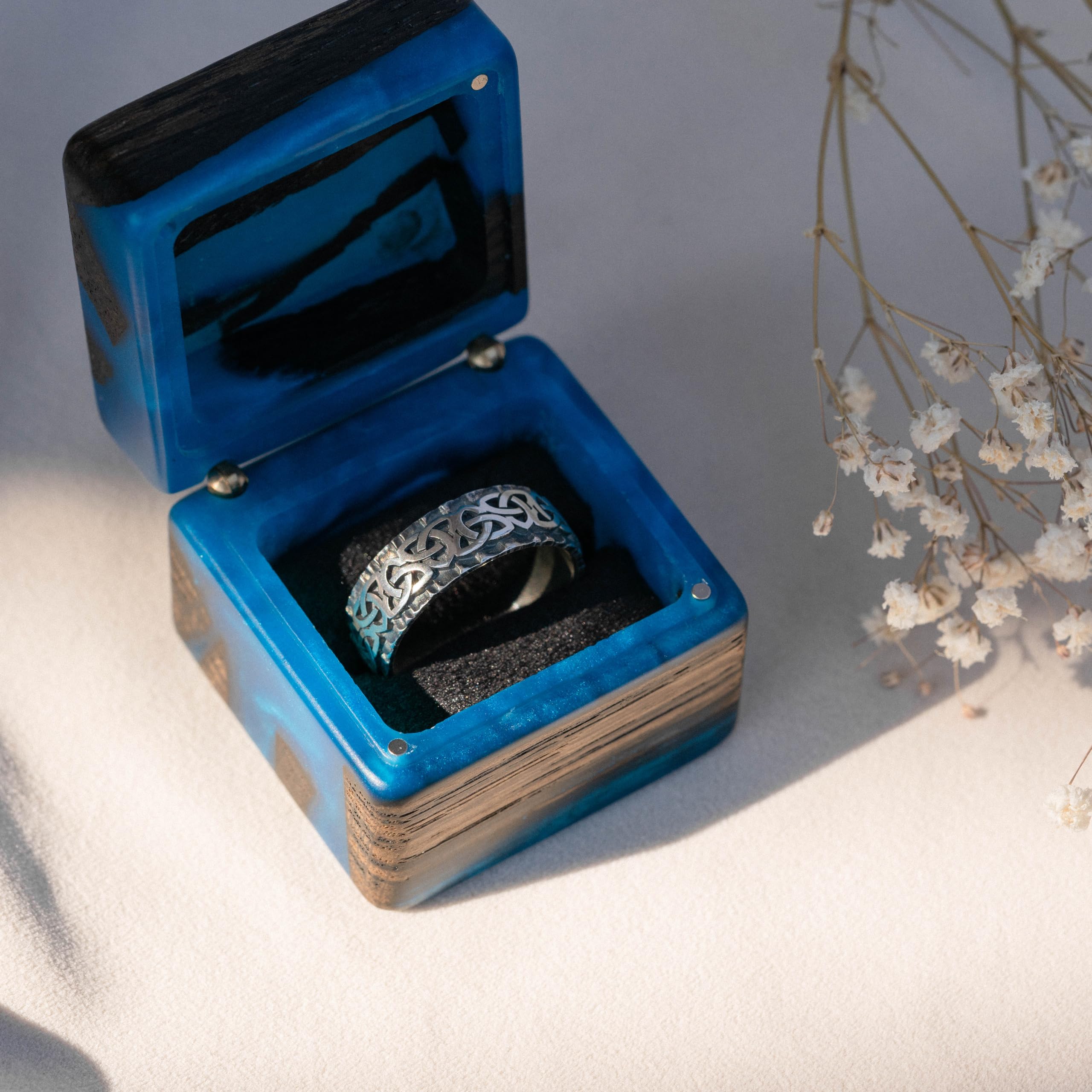 RWA Wooden Engagement Ring Box - Blue Epoxy Ring Display Case For Proposals