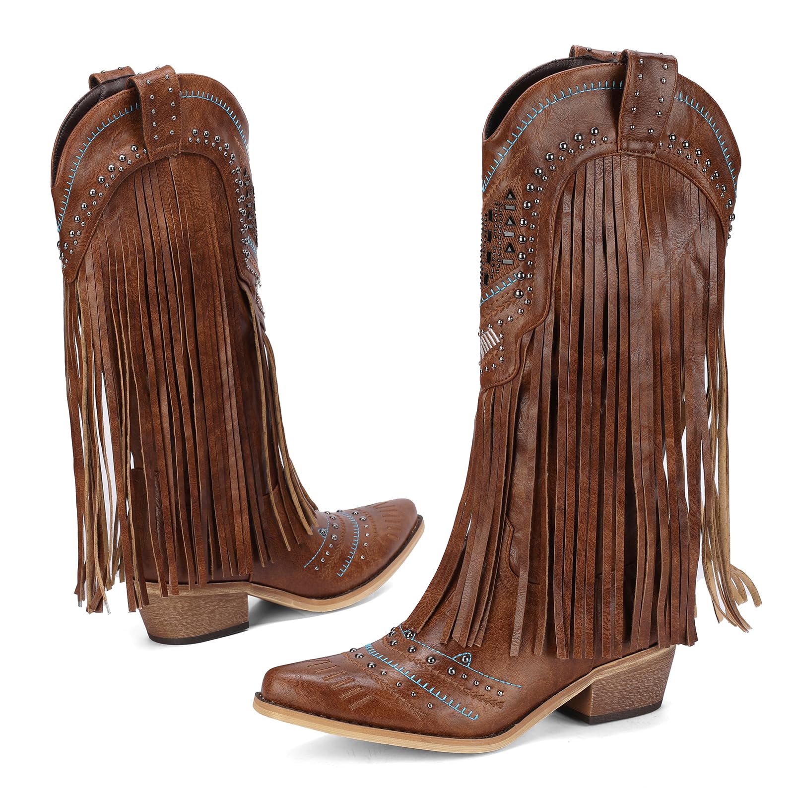 Shofrindy Cowboy Boots for Women Light-Pink Western Cowgirl Boot Pink Comfortable Chunky Heel Wide Calf and Pointed Toe Tall Boot Cute Concert Outfit