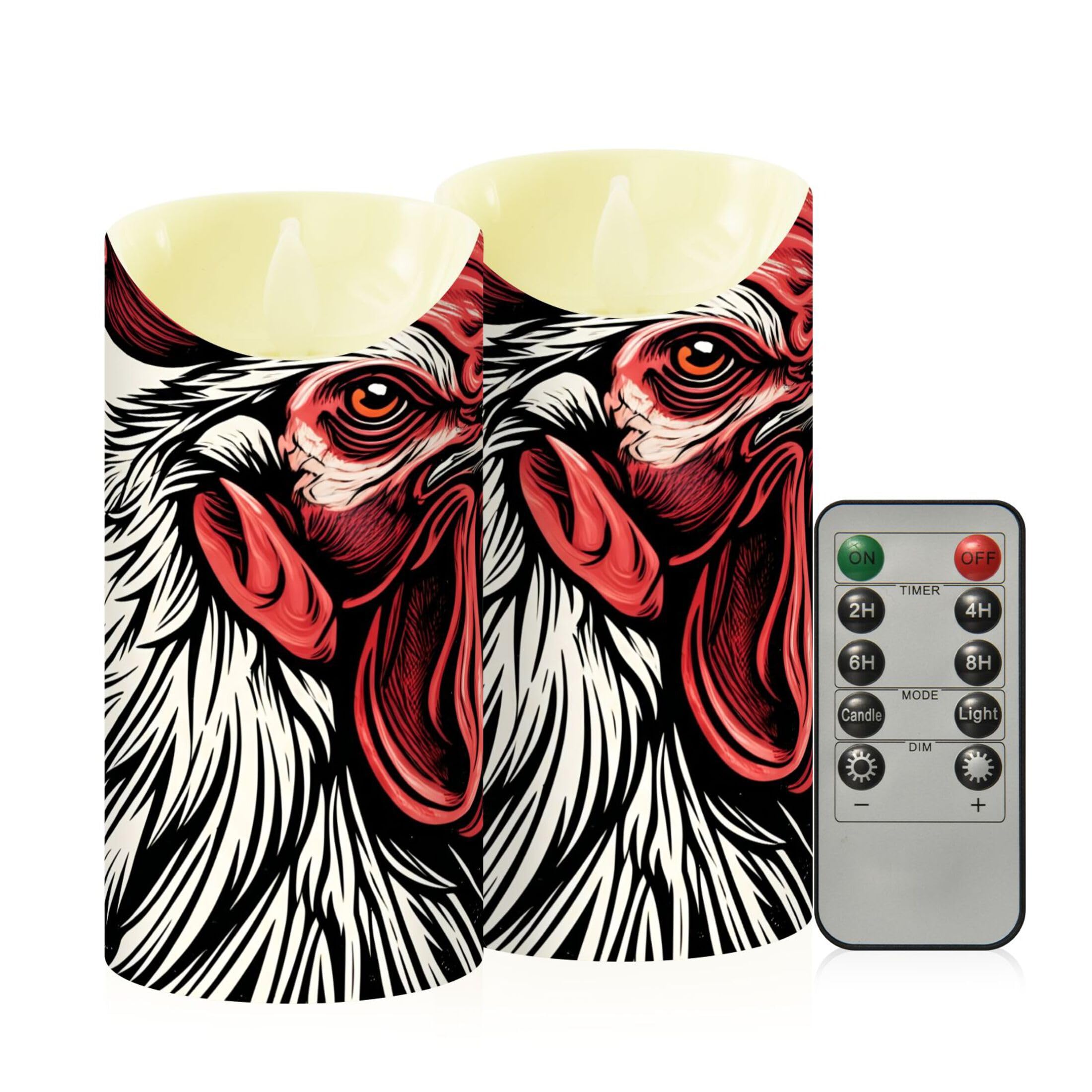 Kutsu Rooster Flameless Candles Set of 2, Battery Operated LED Flickering Candles with Remote and Timer, Plastic Pillar Candles for Home Wedding Decor