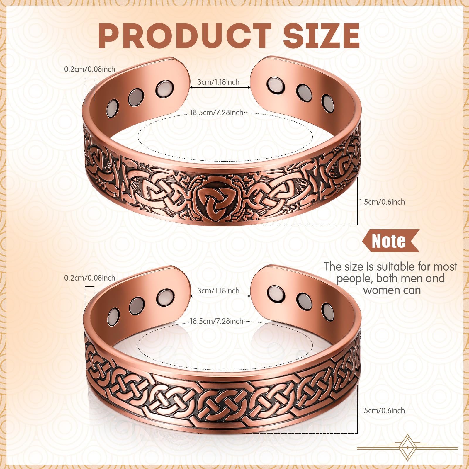 2 Pulseras Magnéticas de Cobre Ajustable de 3500 Gauss con 9 Imanes, Brazalete Sólido con Diseño de Árbol y Celta 2 Estilos(Patrón)