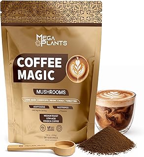 MegaPlants Mushroom Coffee Magic - Low Acid Arabica Coffee with Lion’s Mane, Cordyceps, Reishi, Chaga & Turkey Tail | 2400mg Adaptogenic Mushroom Blend with L-Theanine | Smooth Energy, Clarity & Focus - 30 Servings Medium Roast
