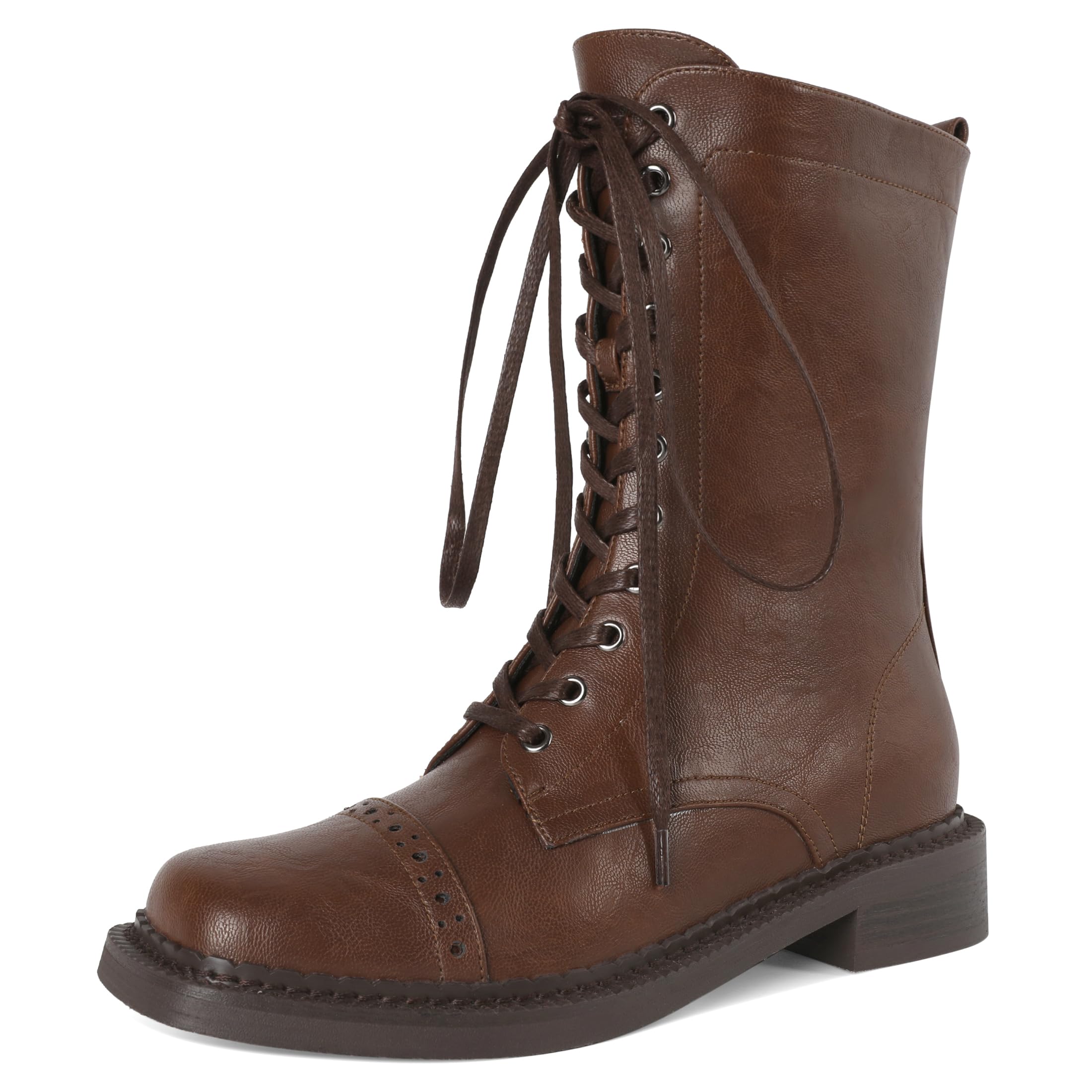 SAMMITOP Women's Ankle Bootie Lace up Mid Calf Combat Boots Chunky Low Heel Square Toe Zipper Boots Fashion Dress Shoes 1.4 Inch