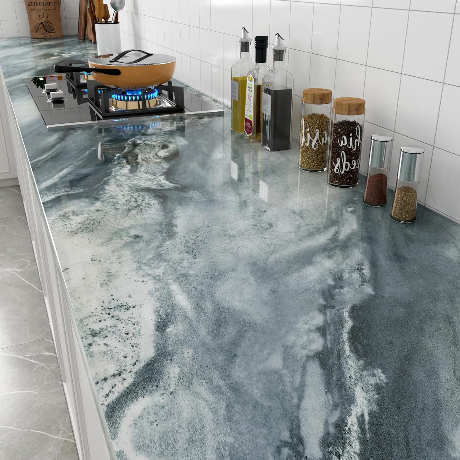 Stickyart 24"x160" Thick Grey Blue Marble Contact Paper for Countertops Peel and Stick Glossy Faux Gray Marble Wallpaper Removable Durable Granite Contact Paper Vinyl Roll for Cabinets Drawers Kitchen