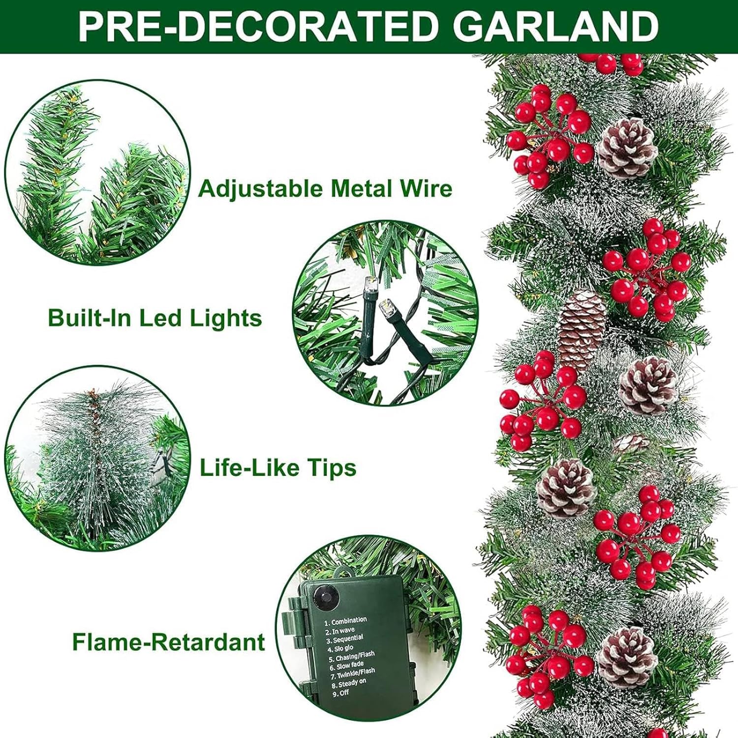 TURNMEON 9 Ft Prelit Artificial Christmas Garland Decor Timer 50 Lights 8 Modes Berry Snowy Bristle Pinecone Battery Operated Xmas Christmas Decoration Mantle Fireplace Home Indoor Outdoor