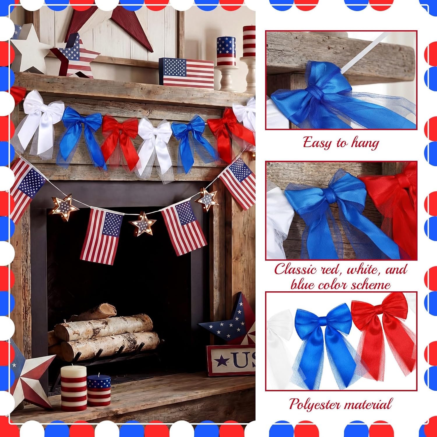 Flutesan 2 Pack 4th of July Patriotic Bow Garland Decorations 13.12 ft Red White Blue Garland Tulle Satin Bows Banner for 250th Anniversary Independence Memorial Day Mantel Fireplace Party Decor