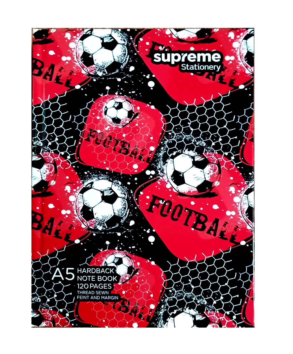 A5 Notebook Hardback 128 Pages (64 Sheets) Thread Sewn Feint and Margin Football Design Cover Ruled Notebook - Pack of 2 (Red Football Cover)