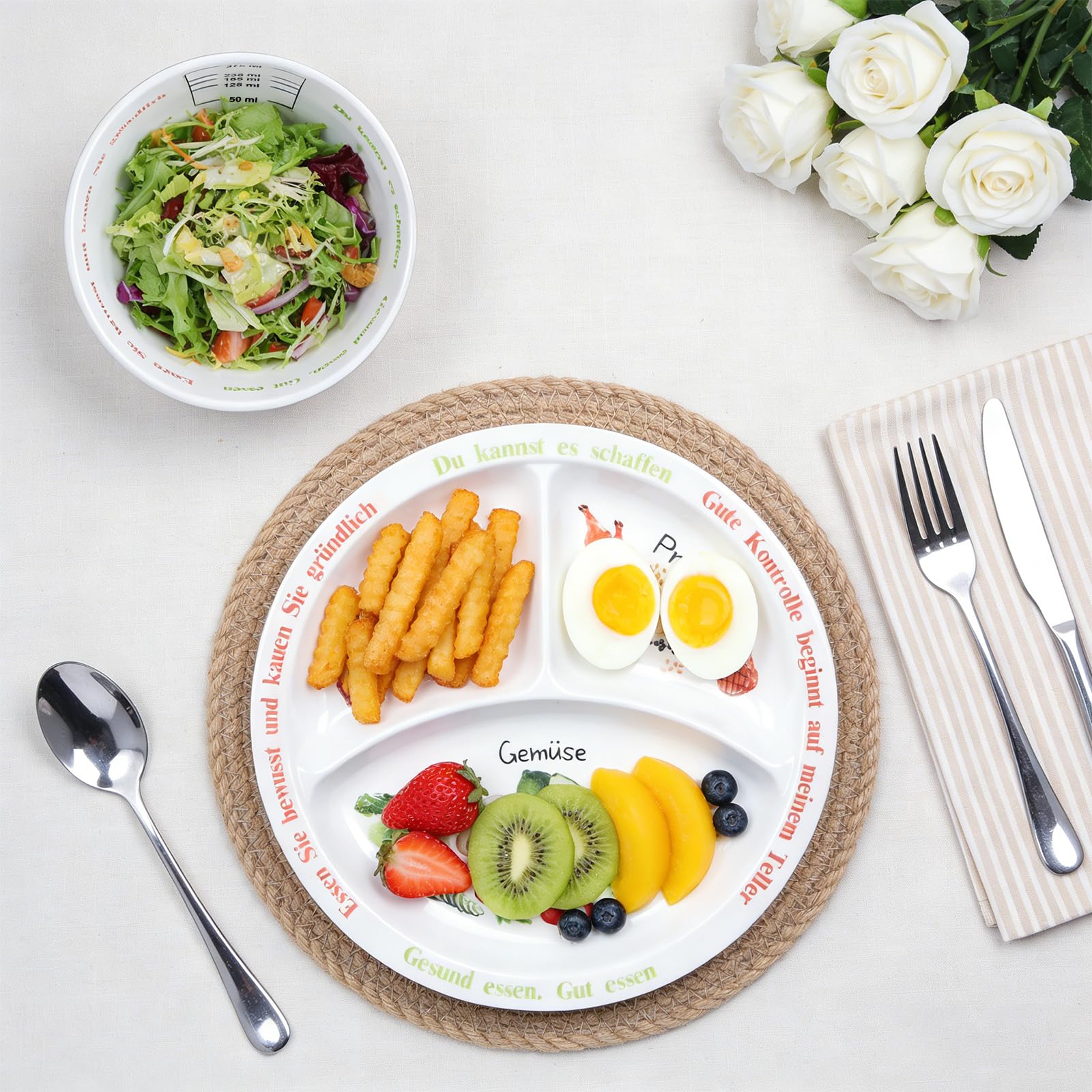 4 Set Portionskontrollteller für ausgewogene Ernährung Teller mit gesunder Ernährung für Erwachsene und Jugendliche Melamin-Unterteilungen, Gewichtsverlust(2 Teller + 2 Schüsseln)