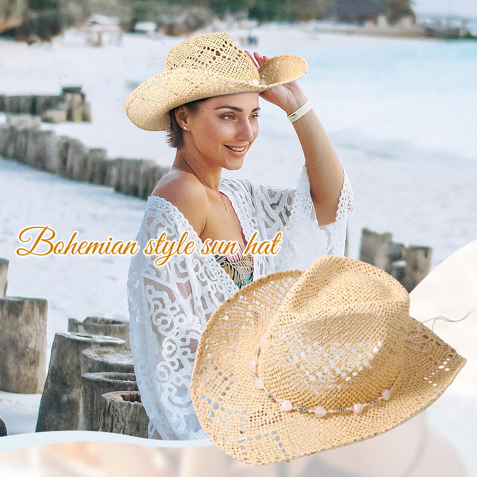 JewelryWe Boho Strohhut Sonnenhut für Damen, Western Cowboyhut mit 2 austauschbaren Schmuckketten Atmungsaktiver Strandhut UV Schutz Sommerhut mit Krempe für Strand