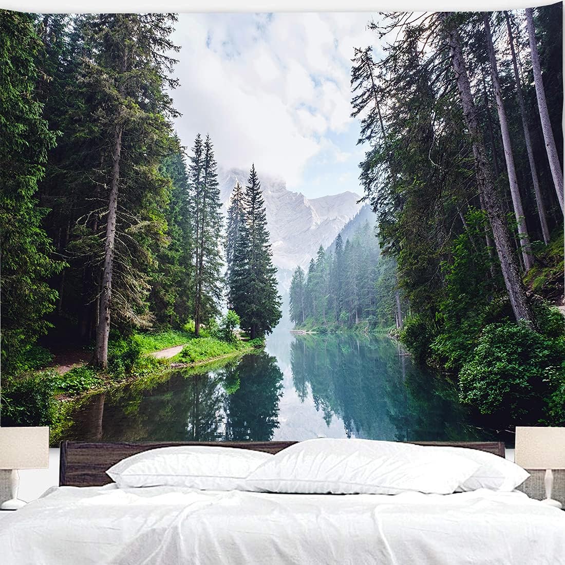 Green Nature Landscape Tapestry Rainforest Tapestry Waterfall Tapestries River Wooden Bridge Wall Hanging Tapestry For Living Room Bedroom Dorm Home Decor (59" x 51", Color #16)