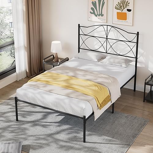 Miniatura 52 de VECELO Base de cama de plataforma metálica de tamaño matrimonial con cabecera y estribo, base de colchón de soporte de listones resistentes, no