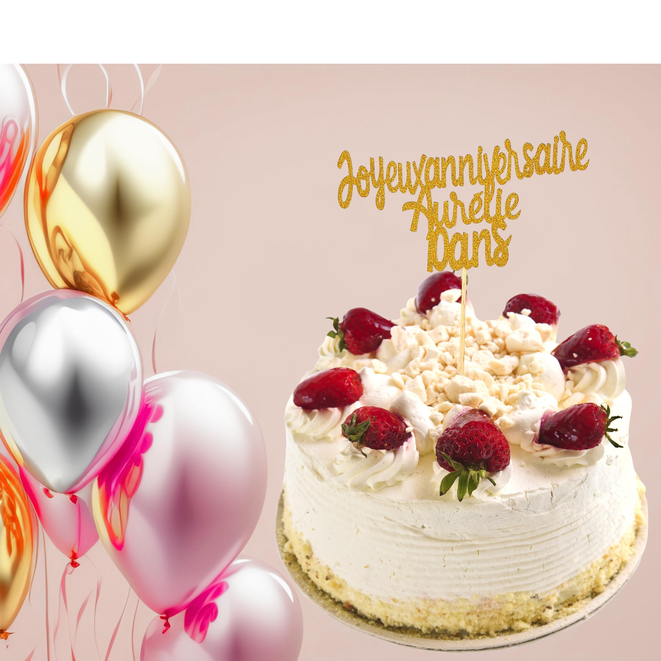 Cake Topper Joyeux Anniversaire Personnalisé Doré Pailleté Recto Verso Décoration Gâteau Anniversaire