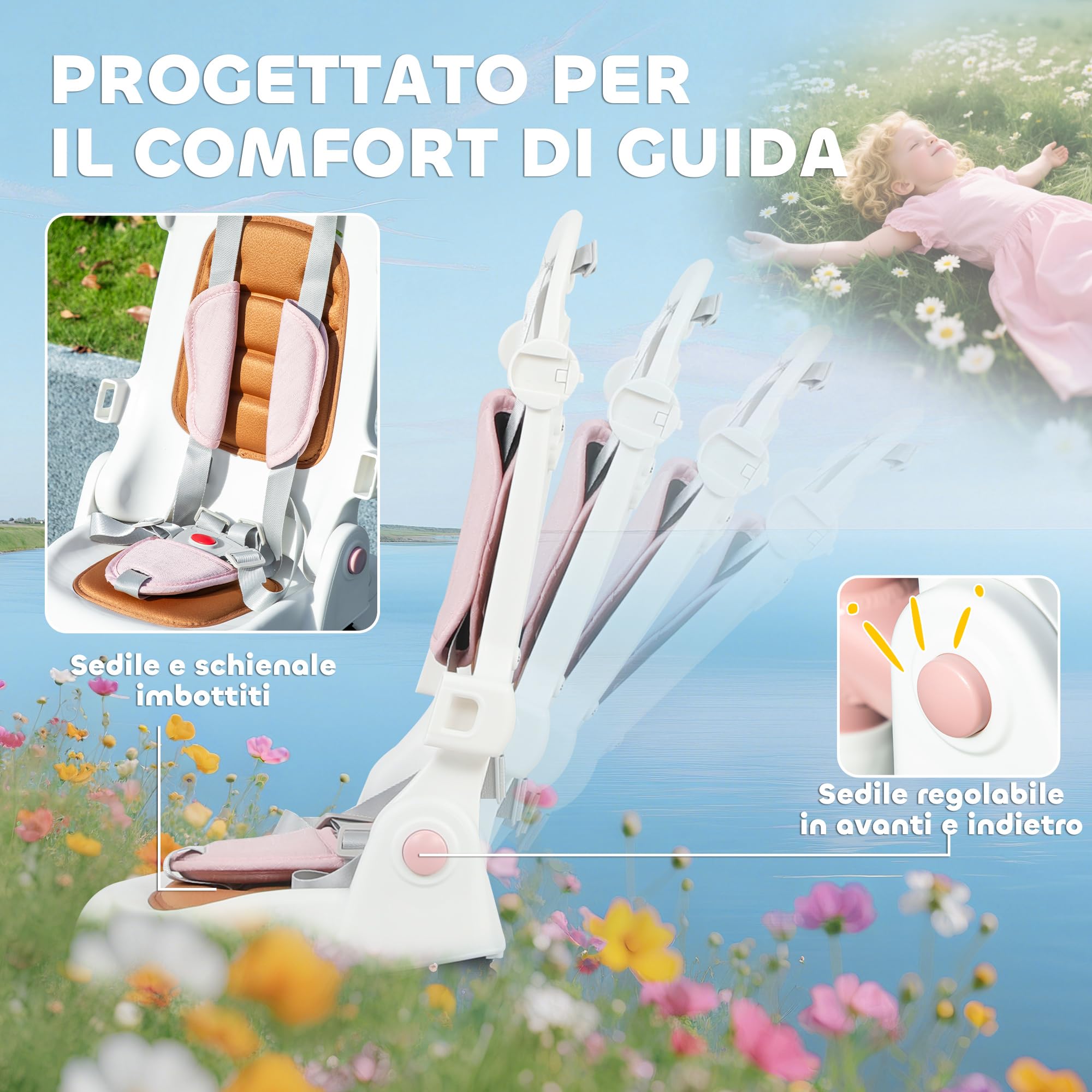 AIYAPLAY Triciclo per Bambini 5 in 1 Cintura 5 Punti 96.5x49x101 cm Rosa | Barra di Sicurezza, Maniglione, Copertura Superiore Rimovibile, Triciclo Bambini in Alluminio e PP