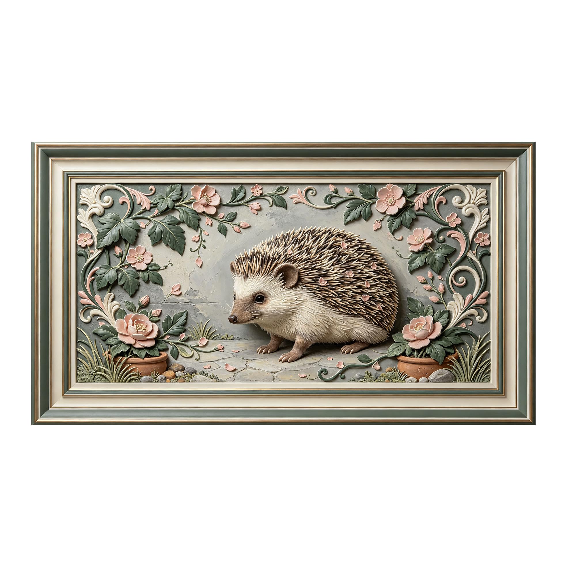 Yzpallescene 3D 3D Framed Wall Art 50cm×90cm Hedgehog Floral Botanical Relief Effect Large Size SelfAdhesive Removable Wall Decor Prints Artwork for Living Room Bedroom Office