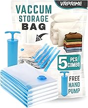VRPRIME 5Pc Vacuum Bags for Clothes with Pump | Travel & Smart Space Saver Strorage Vaccum Bag | Airtight, Reusable Compression Bags with Double-Zip Seal (Transparent) (5PC SET (PACK OF 1))